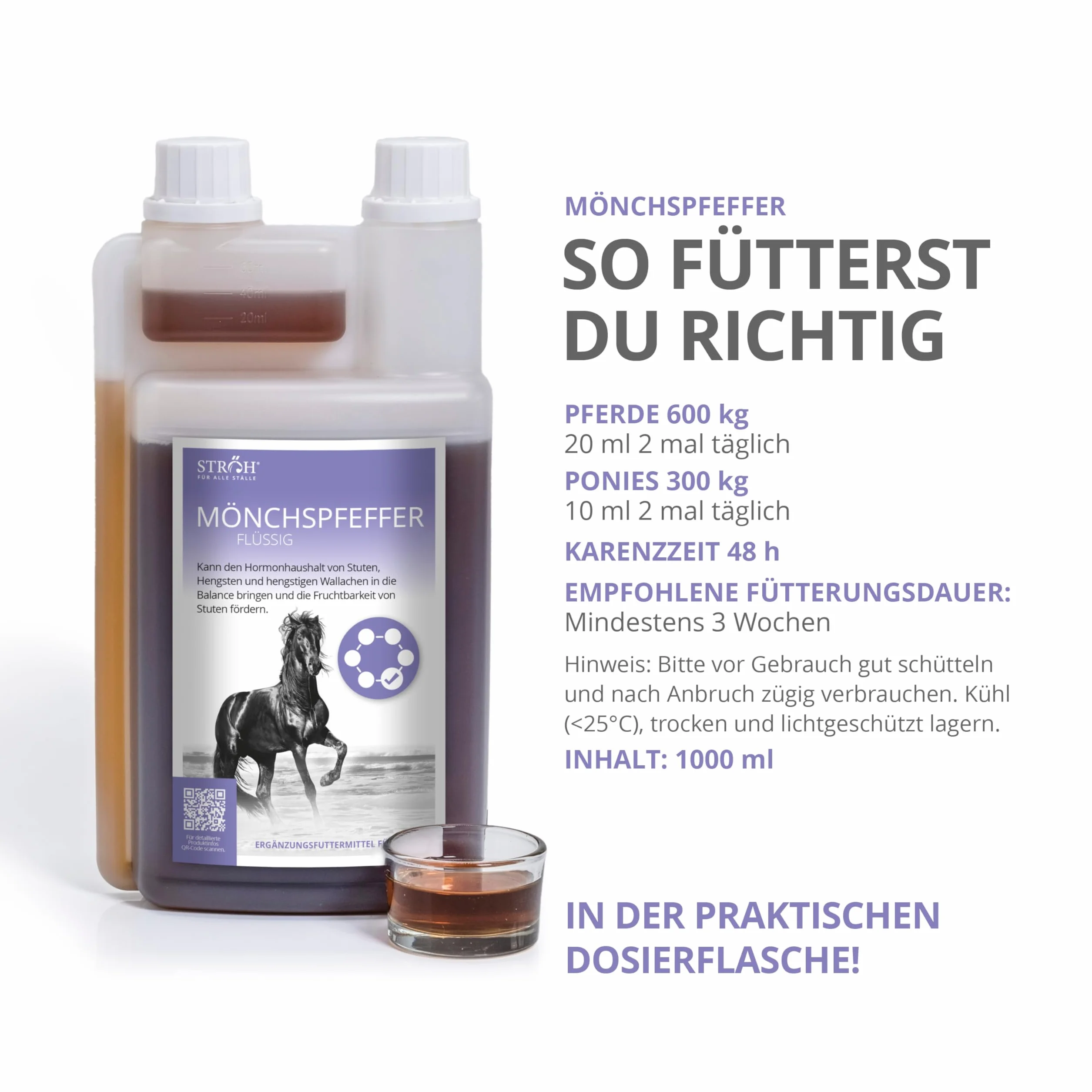 STRÖH Poivre moine pour chevaux 1 l flacon doseur équilibre hormonal juments étalons