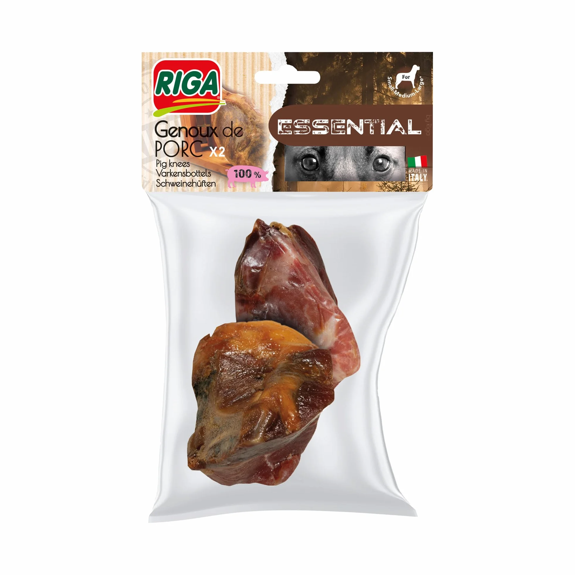 Friandises pour Chien Genoux de Porc Riga Essential Riche en Protéines sans Colorant ni Additifs Longue Durée Mastication x 2