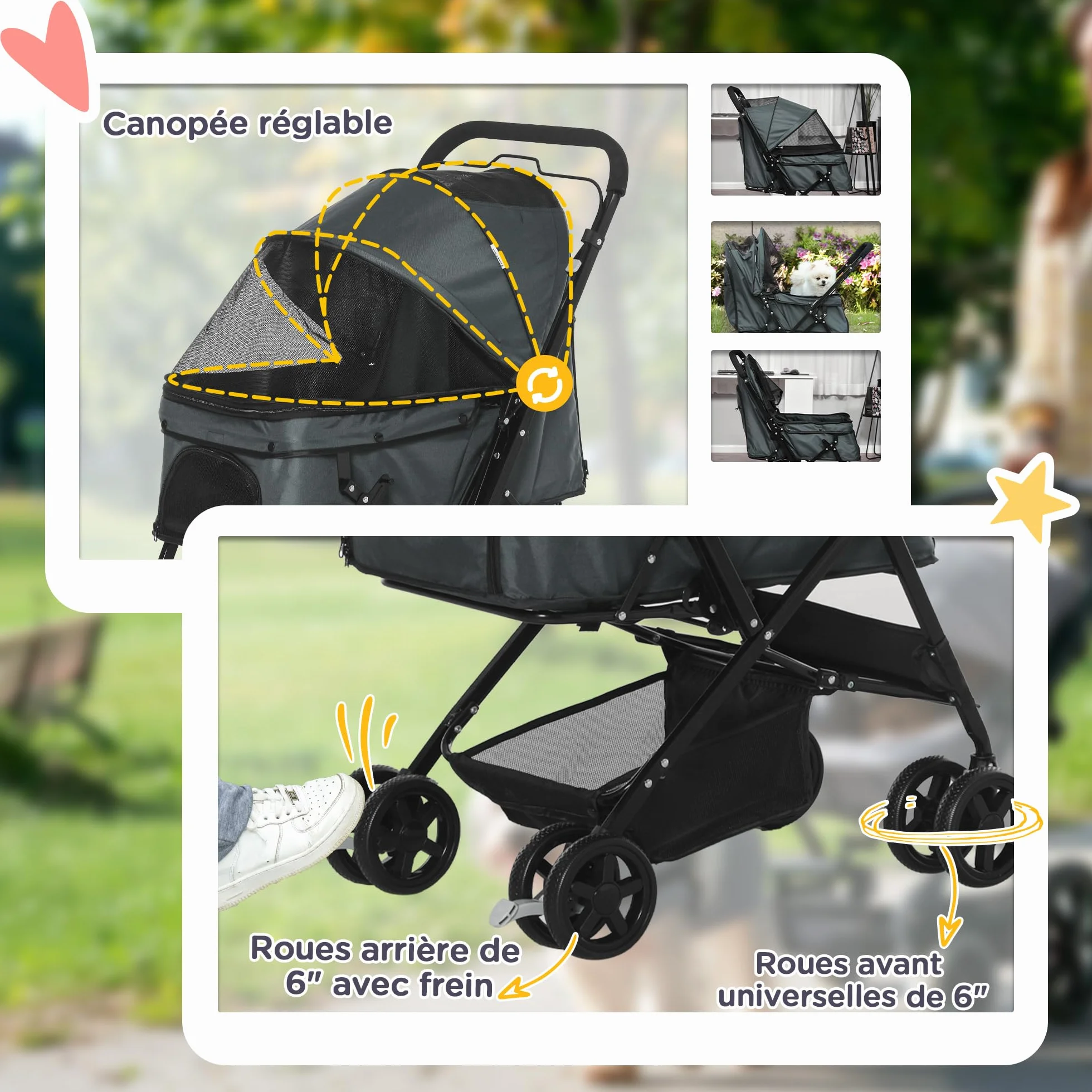 PawHut Poussette pour chien animaux de compagnie pliable avec 4 roues EVA guidon réglable panier et pochette de rangement - 76,5 x 52 x 95 cm gris
