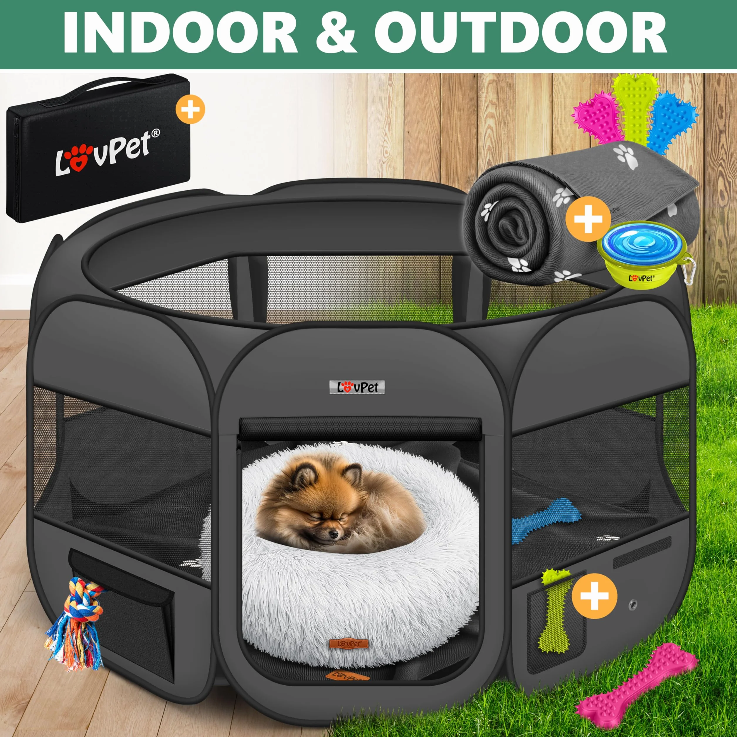 LOVPET Parc pour Chiots Pliable Tissu Oxford pour Petits Animaux Chiens Chats avec Gamelle Anthracite/Noir