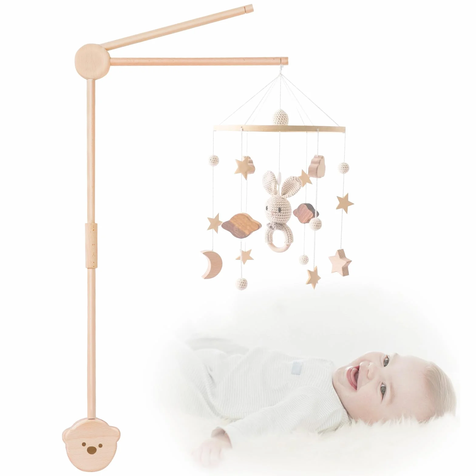 Support Mobile Bébé Bois, Bras Mobile Rotatif, Base Ours, Lit Enfant Table à Langer