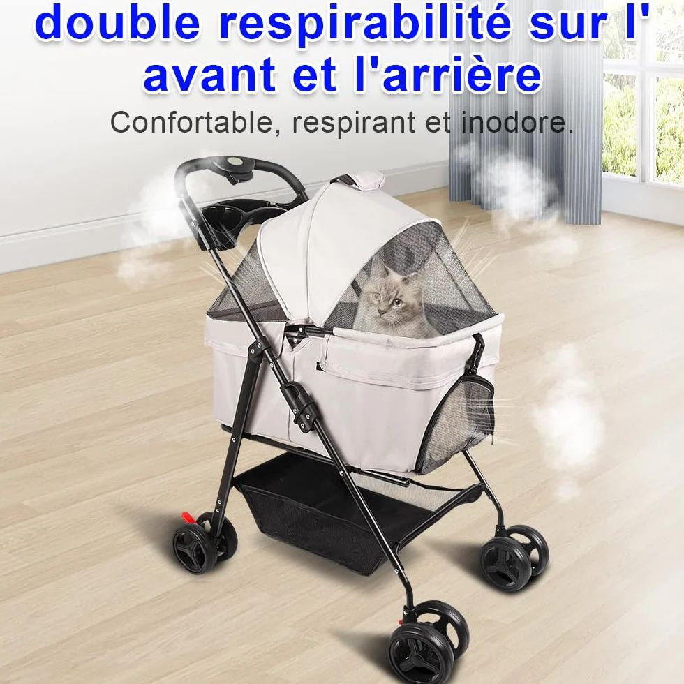 Poussette pour chien chat 3 en 1 nacelle amovible caisse transport pliable tissu 600D Oxford roues 360° fenêtre filet