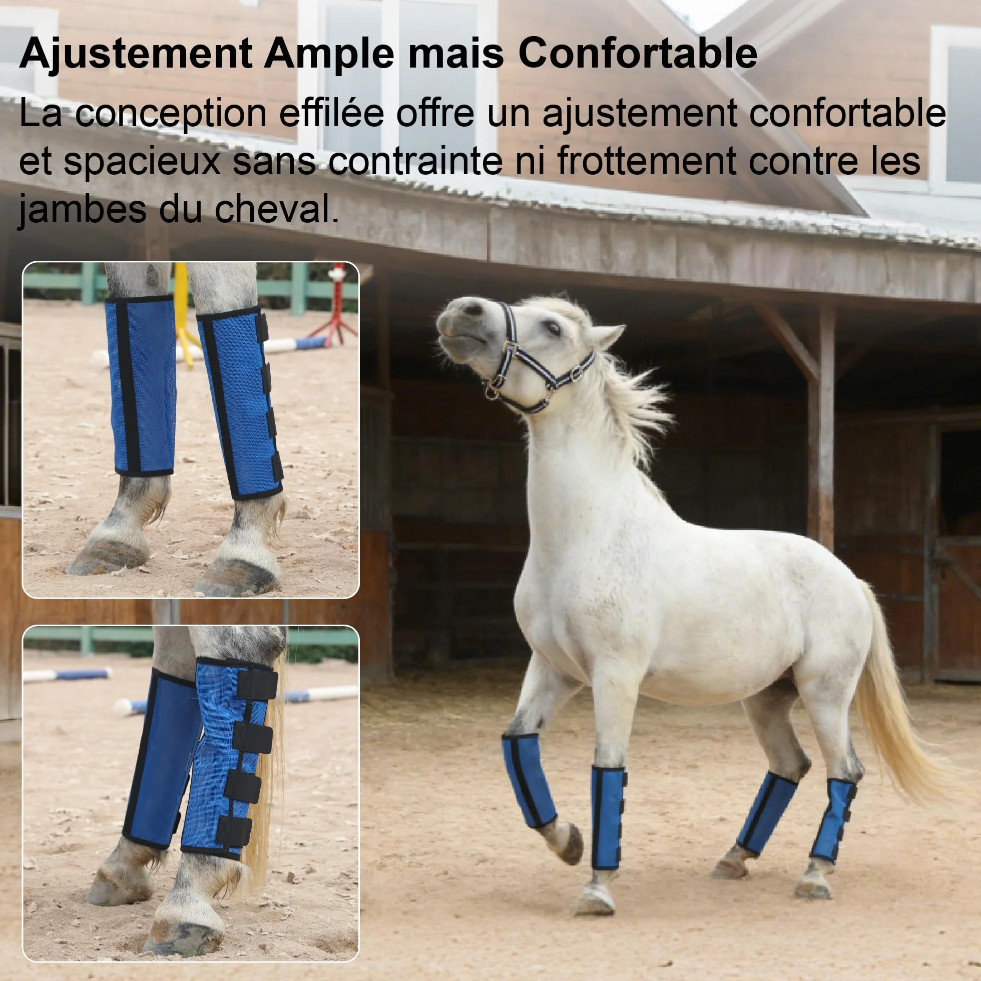 Guêtres Anti-Mouches pour Chevaux Lot de 4, Maille Respirante, Bleu Large