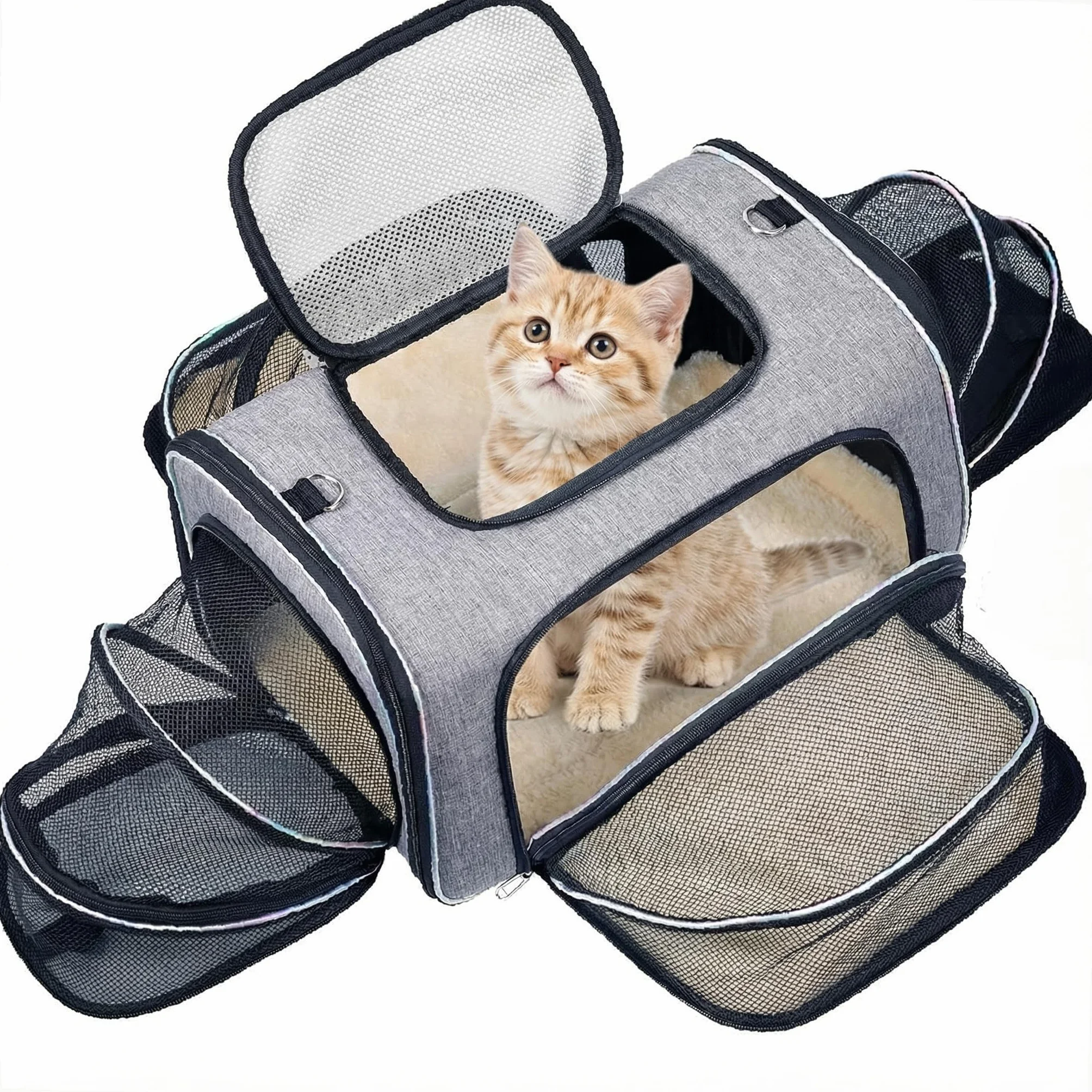 Sac de Transport pour Chat Extensible 4 Côtés, Approuvé Compagnie Aérienne, 45x28x28cm, Pliant