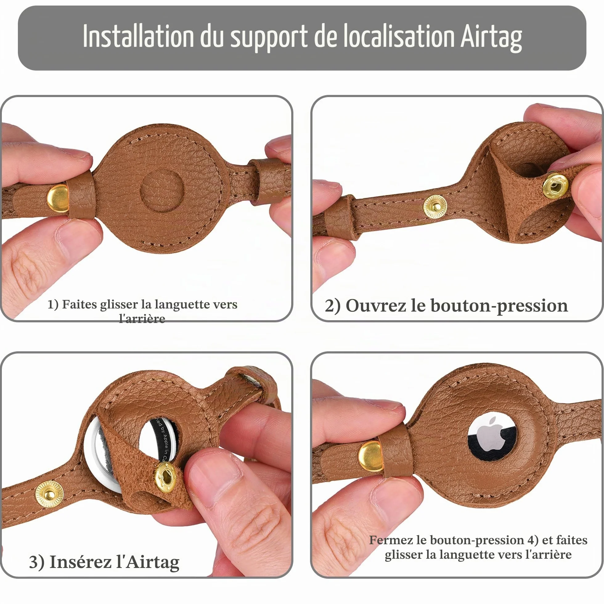 OOPSDOGGY Collier AirTag en Cuir pour Chat avec Clochette – Anti-Rupture Support Apple Air Tag GPS Léger (Brun)