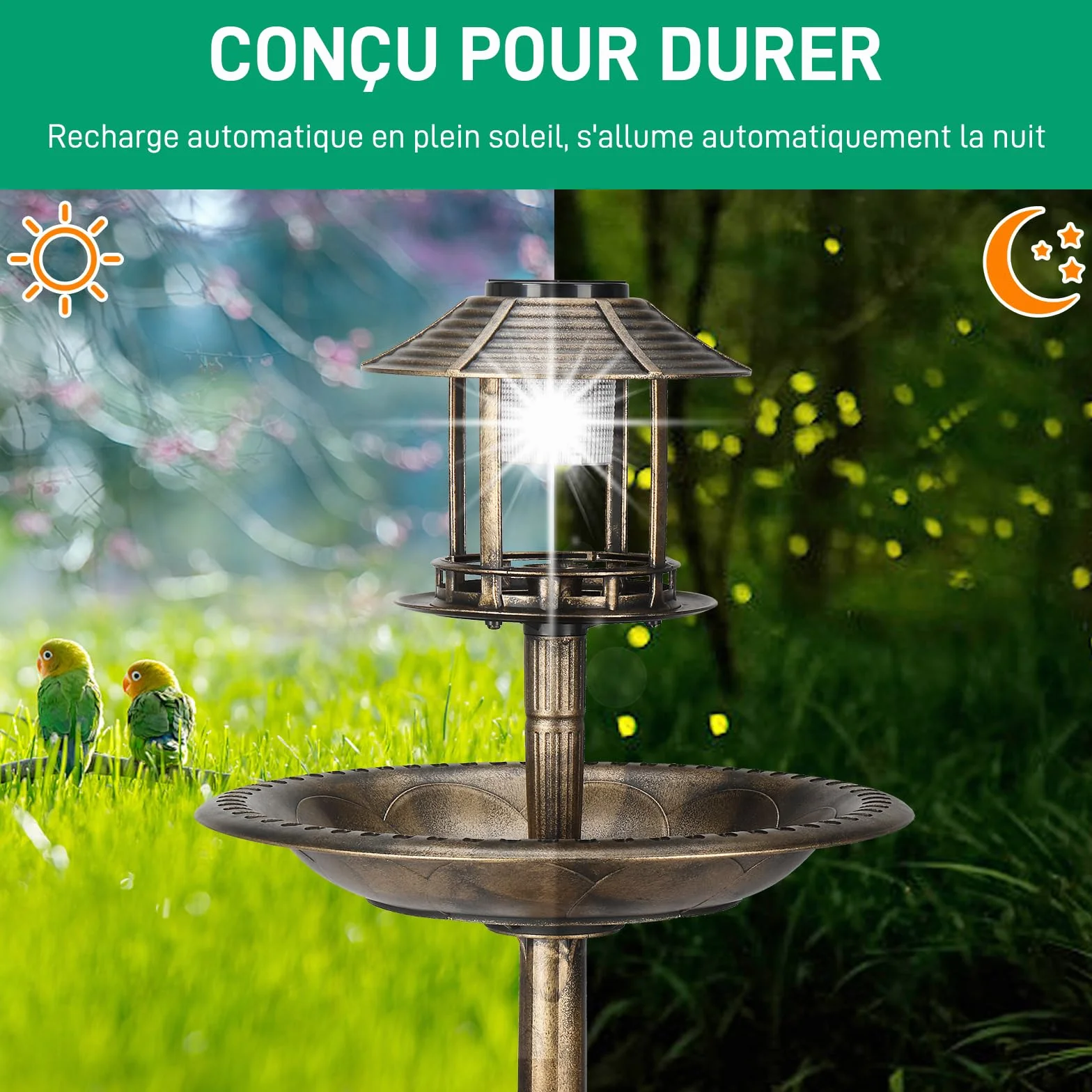 LEADZM Abreuvoir Oiseaux Exterieur Solaire avec Lampe - Mangeoire Oiseaux Exterieur, Support Remplissable, 51x51x106 cm, Bronze
