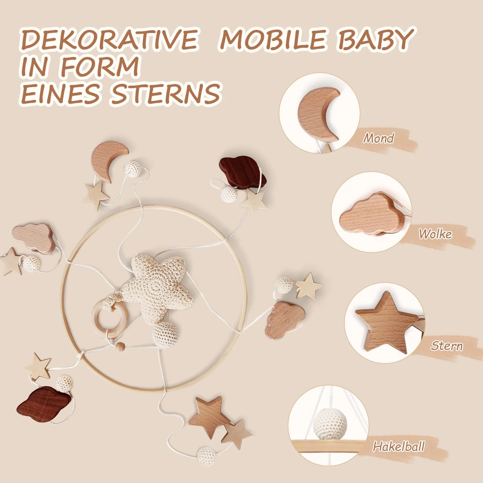 SWECOMZE Lit bébé mobile avec étoiles en bois Mobile bébé fille Cloche carillon de vent suspendu