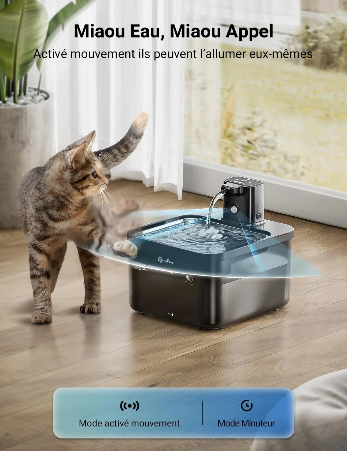 Fontaine à Eau sans Fil pour Chien 4000mAh Détecteur de Mouvement Acier Inoxydable Noir 6 Filtres