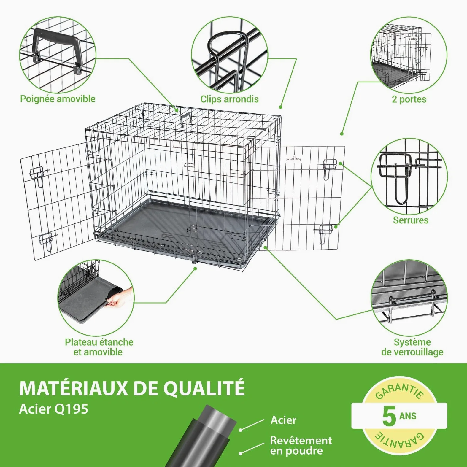 Cage pour Chien FortressooL, Caisse de Transport pour Chien Moyen 90x60x67cm, Pliable, 2 Portes, Plateau Amovible, Utilisation Interieur, Paitsy
