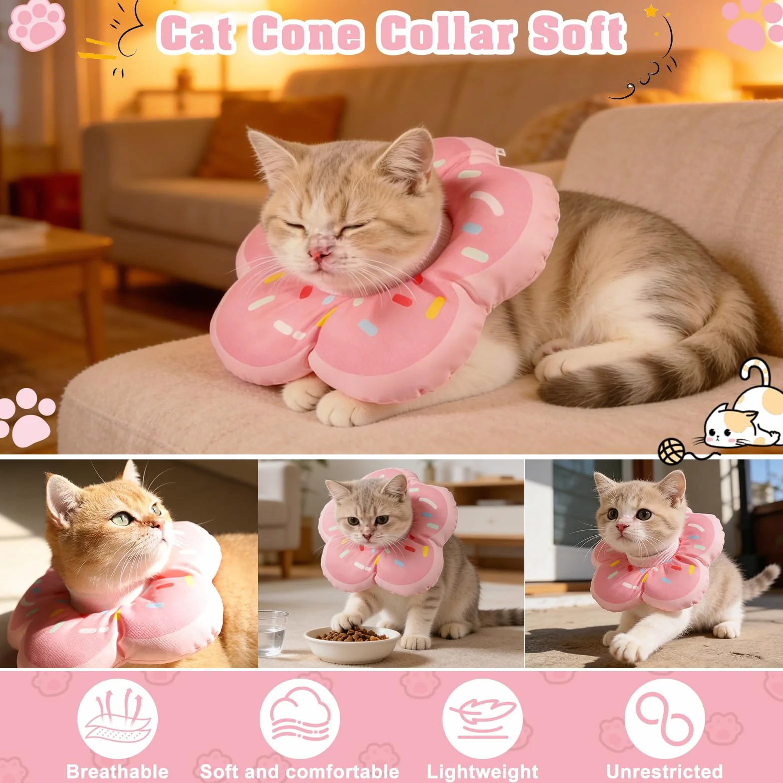 Collier Anti Léchage pour Chat, Colerette Adjustable Imperméable, Beignet Rose