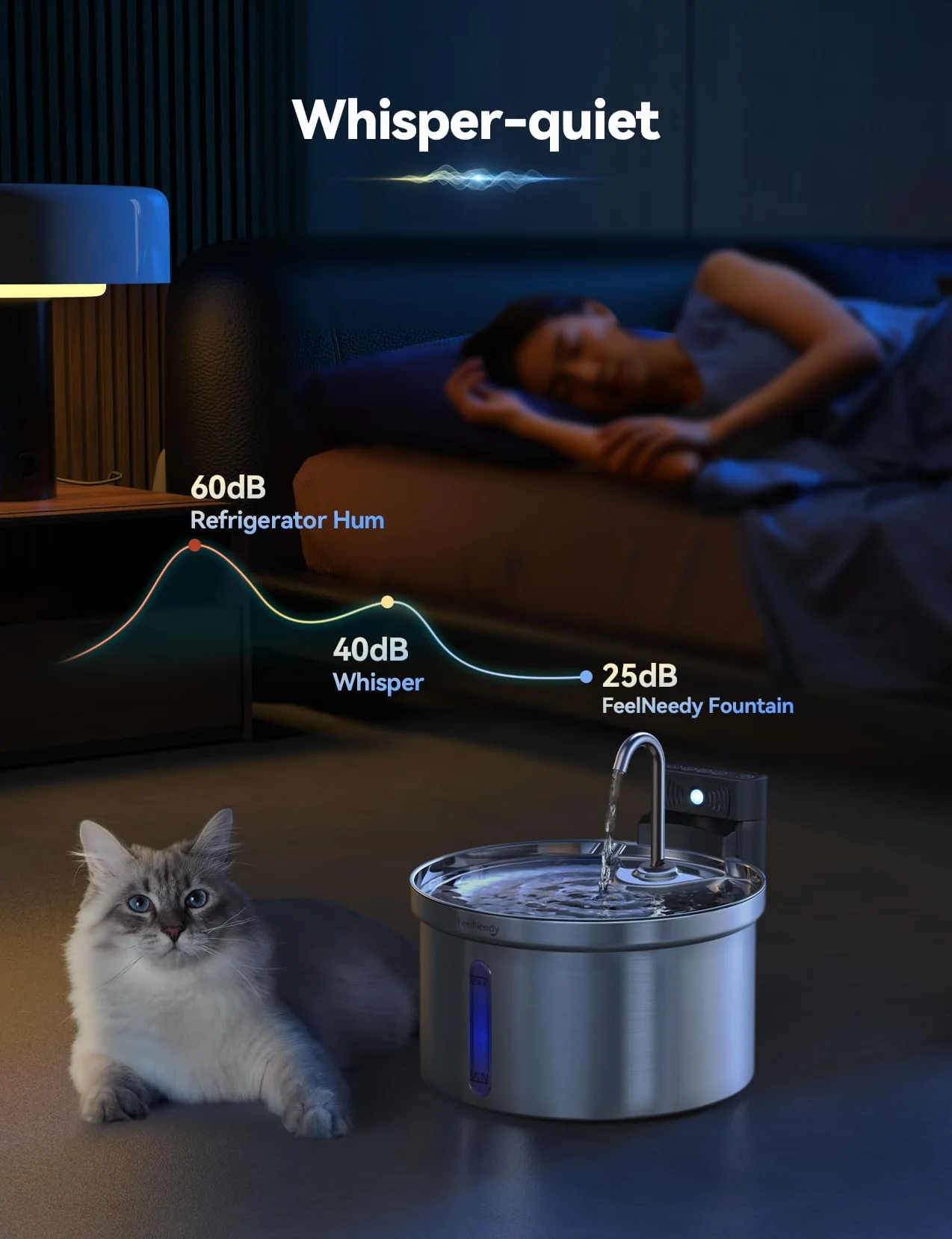 FEELNEEDY Fontaine à Eau Chat sans Fil Acier Inoxydable avec Batterie Rechargeable 4000mAh 3,5L 6 Filtres