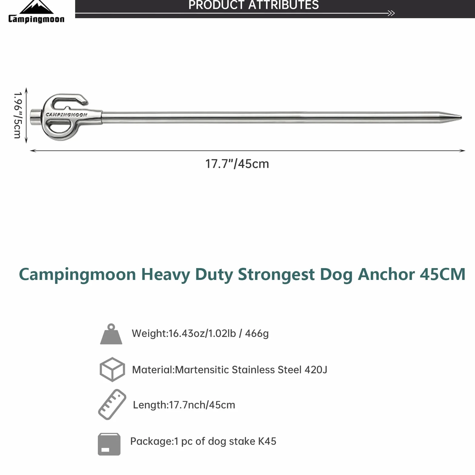 Piquet d'attache pour chien en acier inoxydable pivotant 360° 45 cm