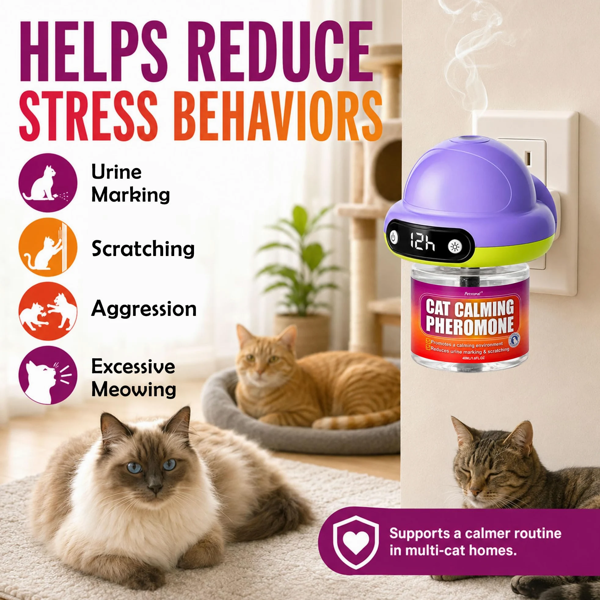 Petstoral Diffuseur de phéromones pour chat avec minuterie, programme intelligent de 4/8/12/24 heures, aide à réduire l'anxiété, la pulvérisation d'urine, les rayures et l'agression pour les maisons
