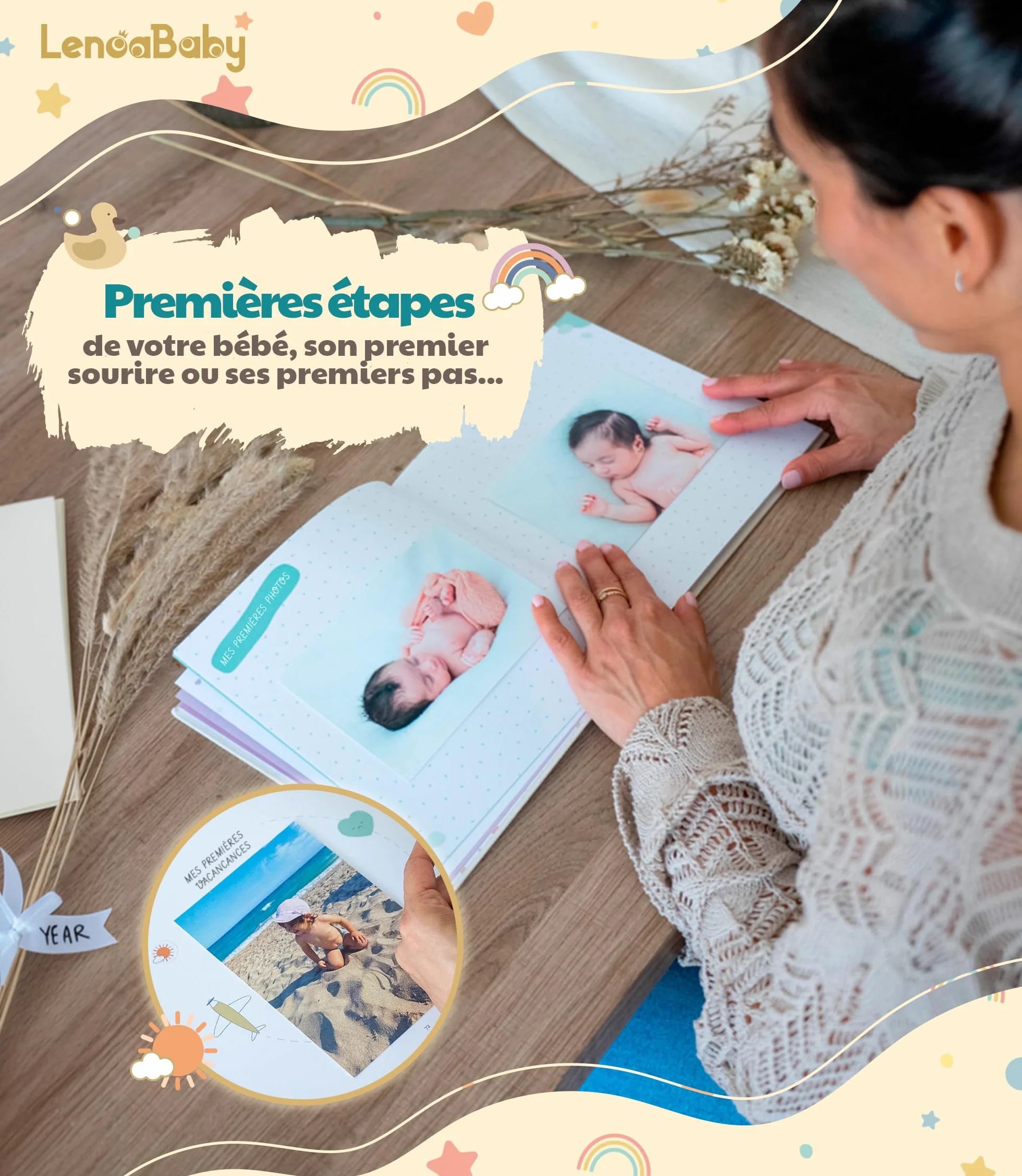 Livre de Naissance Bébé Ma Première Année avec Couverture en Lin 75 Pages Autocollants Album Photo Cadeau