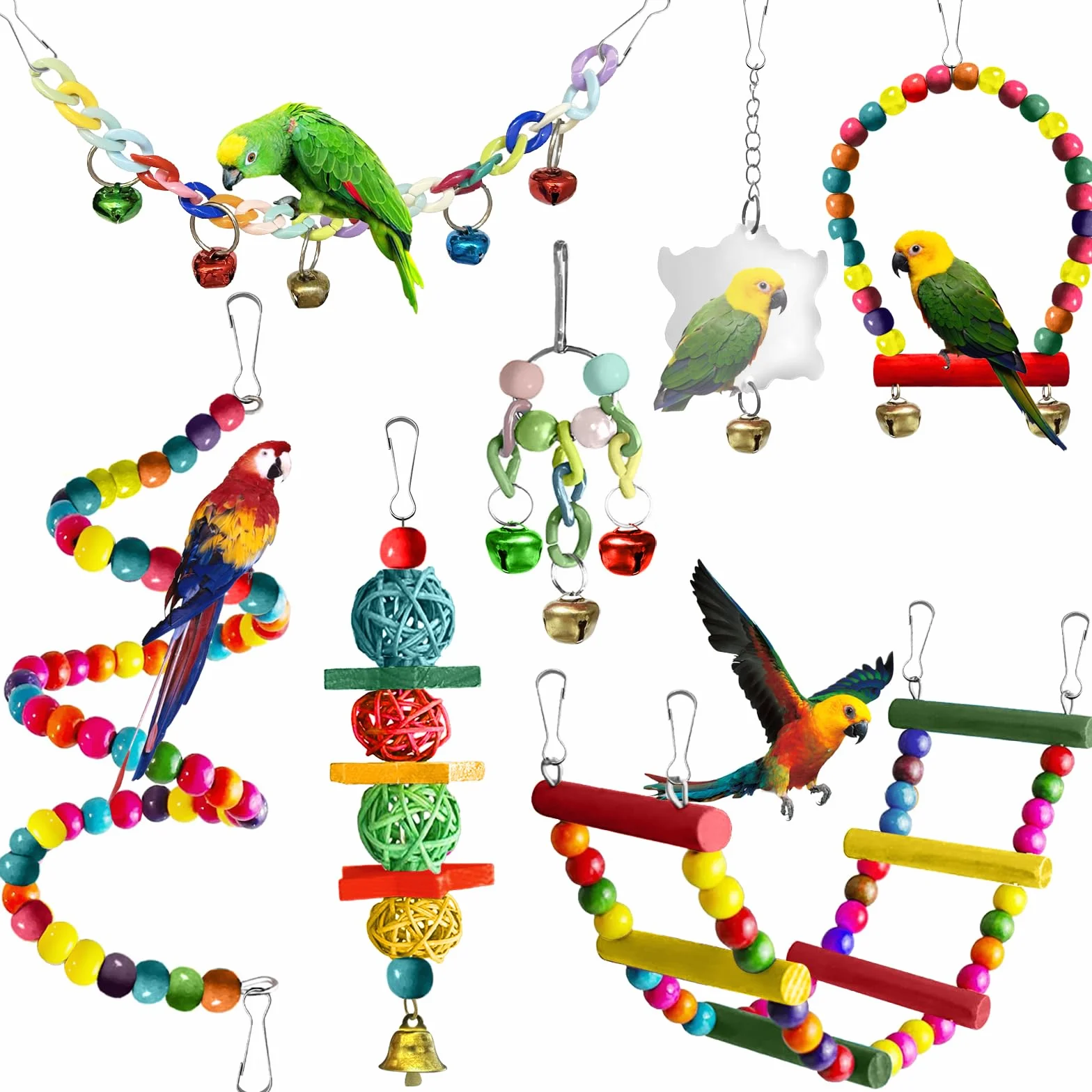 Jouets pour Oiseaux 7 Pièces Jouet Perroquet à Mâcher Suspendre Accessoire Cage Balançoire Échelle Cloches