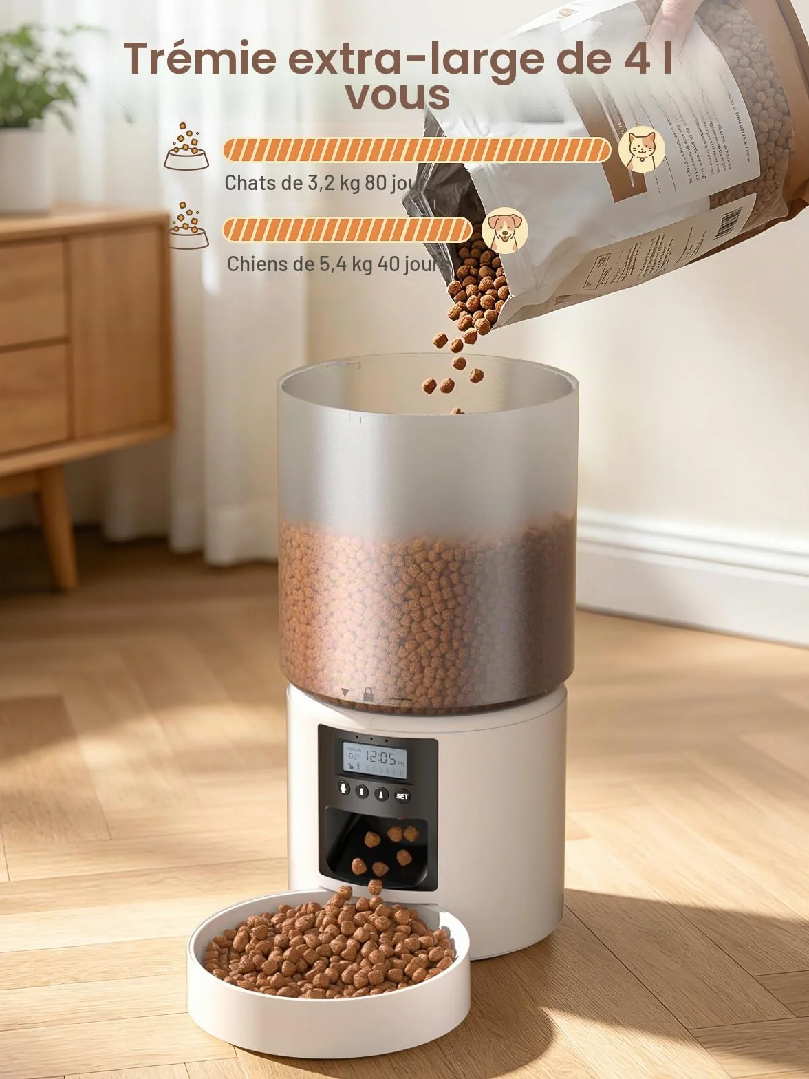 Distributeur Croquettes Chat Automatique 4L Programmable 6 Repas Fonction Vocale 10s Réservoir Hermétique