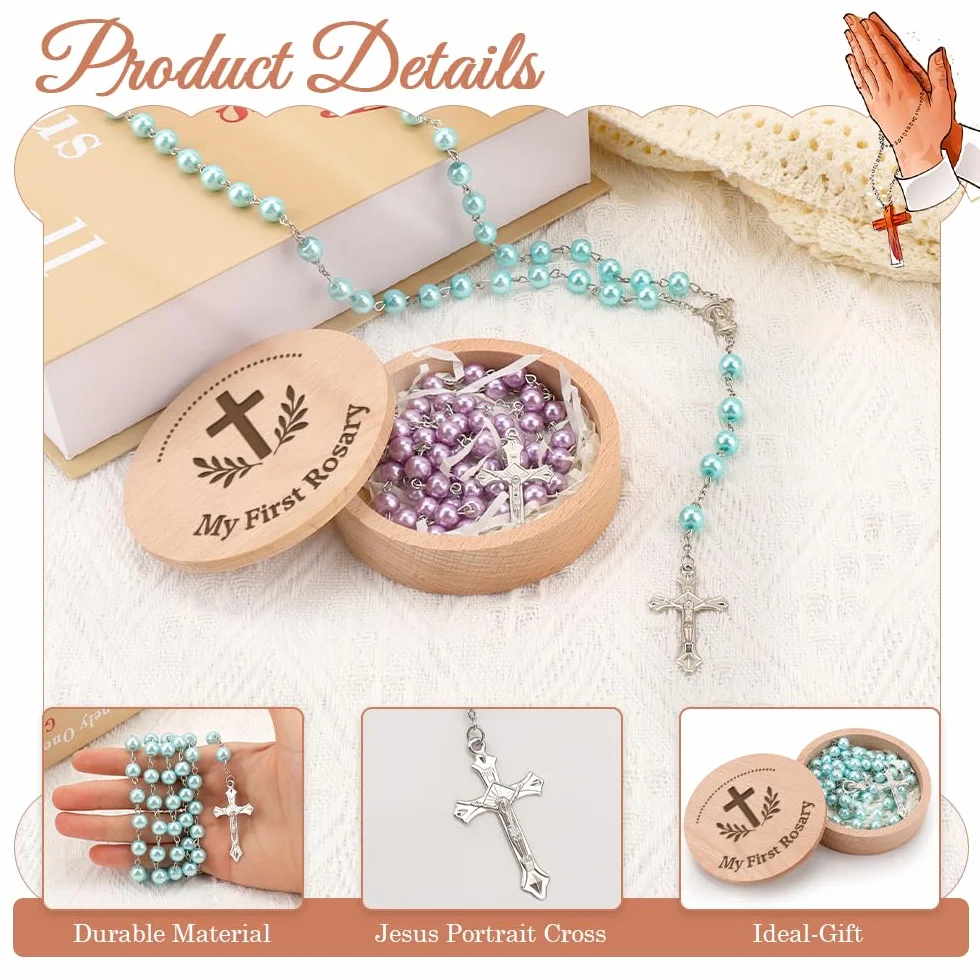Mon premier chapelet avec boîte souvenir – Cadeau de baptême et de fête prénatale pour filles et garçons | Chapelet catholique pour première communion chrétienne