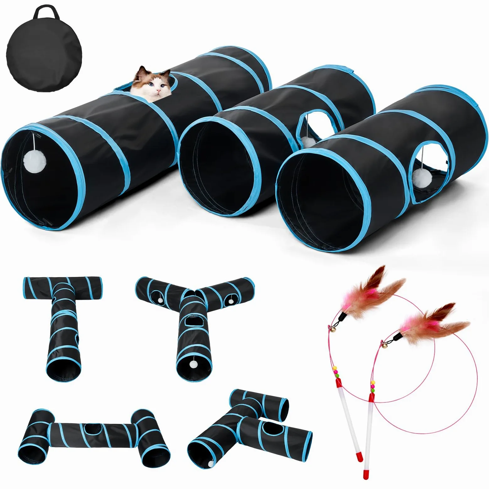 Tunnel pour chat - 3 tunnels droits pour animaux de compagnie - 6 formes à faire soi-même avec baguette - Résistant aux rayures - Tubes pliables pour chiots d'intérieur - Chaton - Lapin - Noir - 208,3