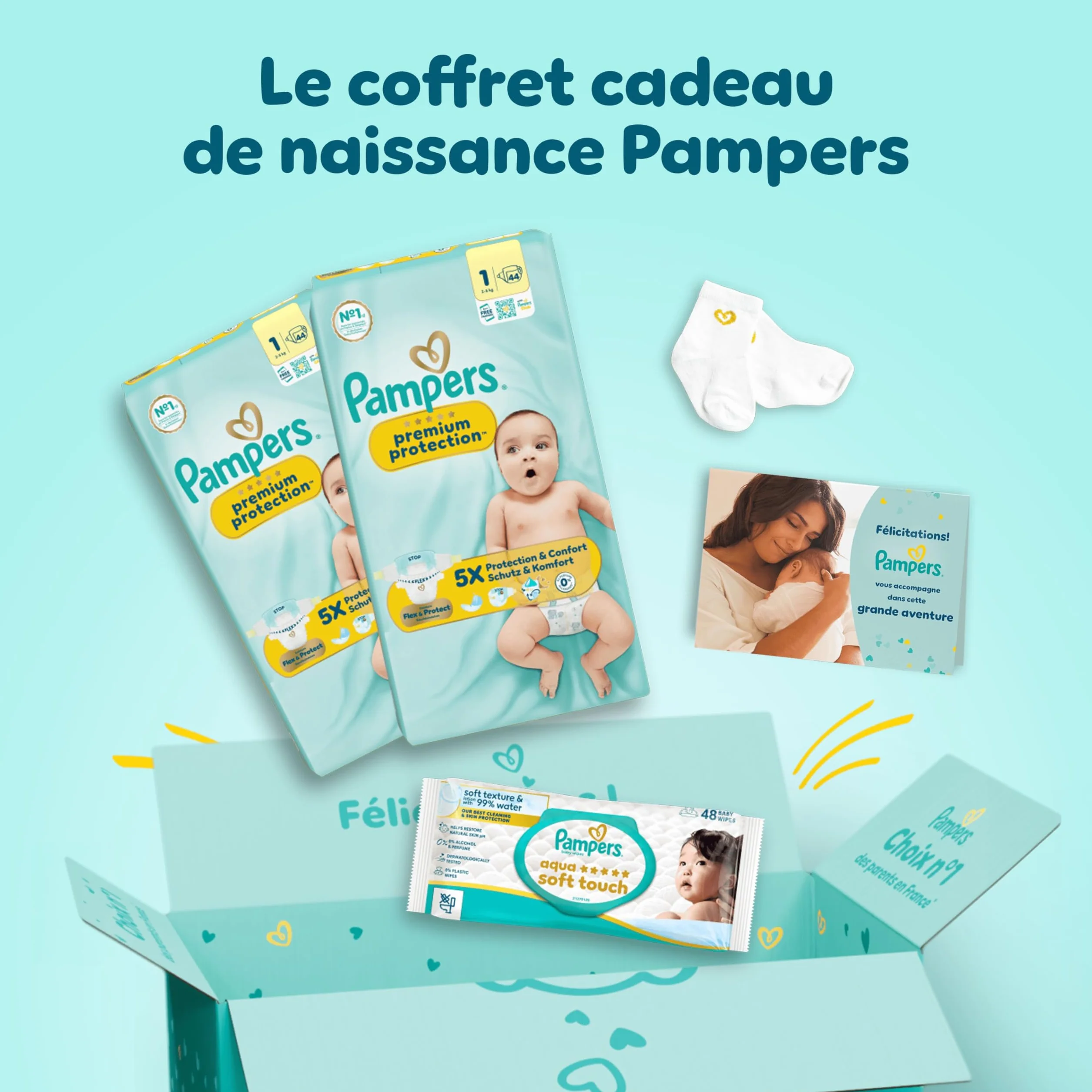 PAMPERS Coffret Cadeau Naissance 2 Packs Couches Premium Protection Taille 1 Lingettes Aqua Soft Touch Chaussettes Bébé