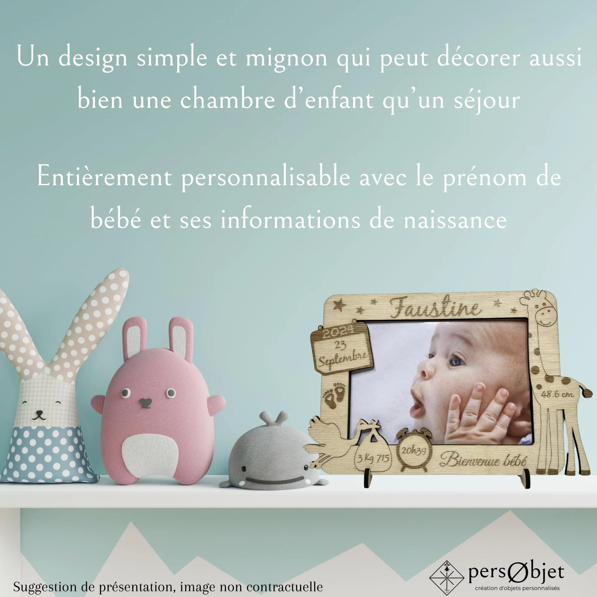 Cadre Photo Naissance Bois Personnalisable Girafe - Souvenir Bébé - Idée Cadeau Naissance Personnalisé - Décoration Chambre Bébé