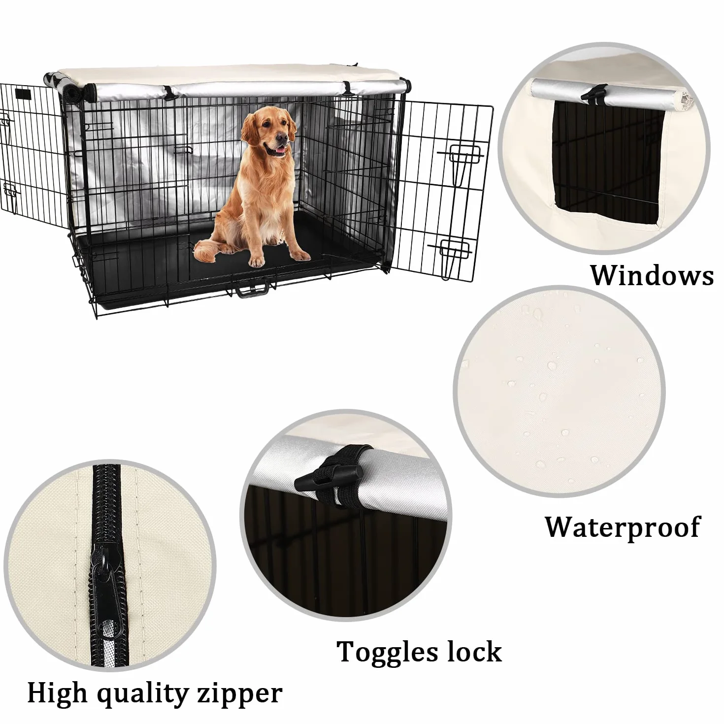 Housse de Cage pour Chien Imperméable 420D Polyester Double Door Crate Cover Beige 36 Pouces