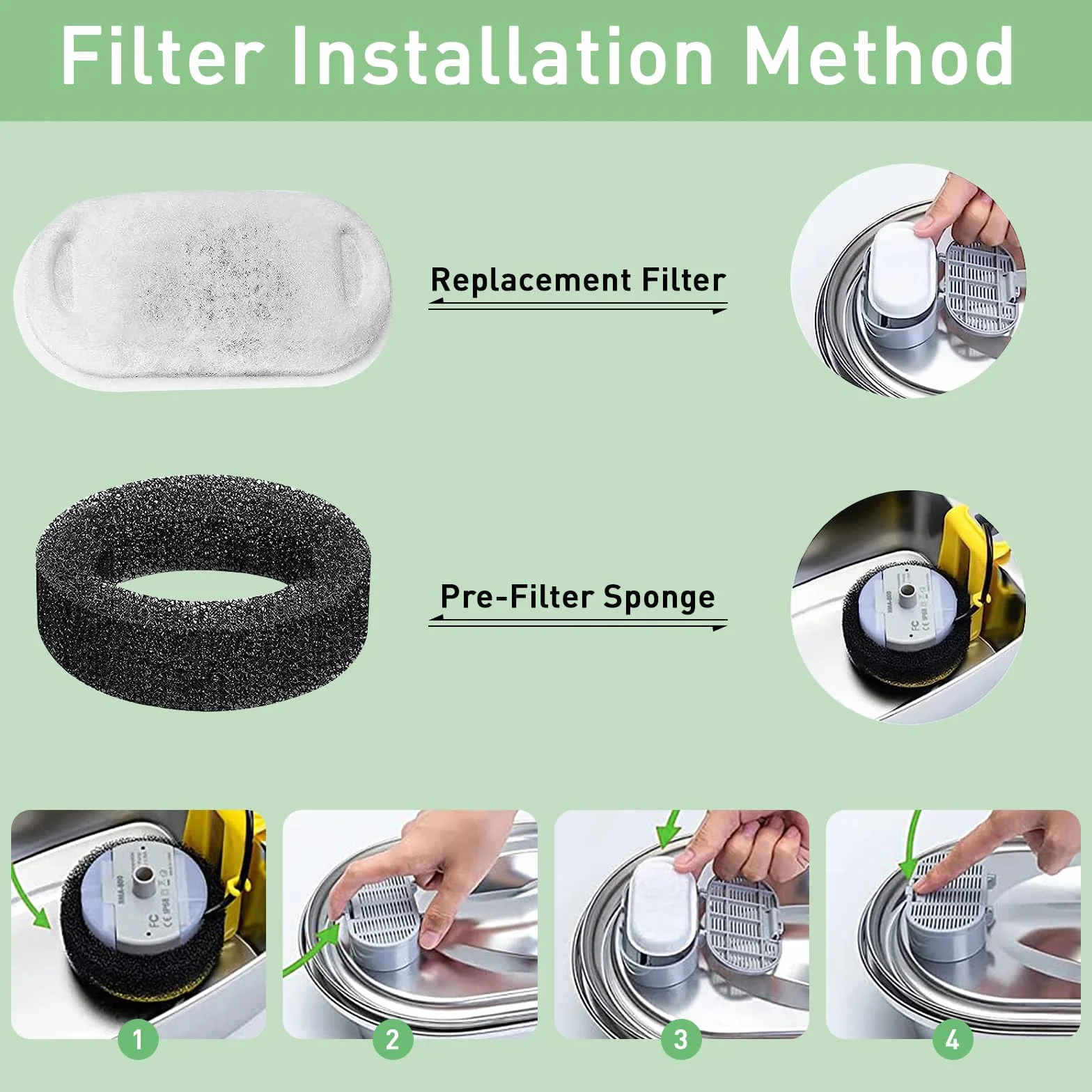 Filtre Fontaine Eau Chat Acier Inoxydable 32 Pièces, 16 Filtres Charbon, 16 Eponges Préfiltration 3.2L/2L