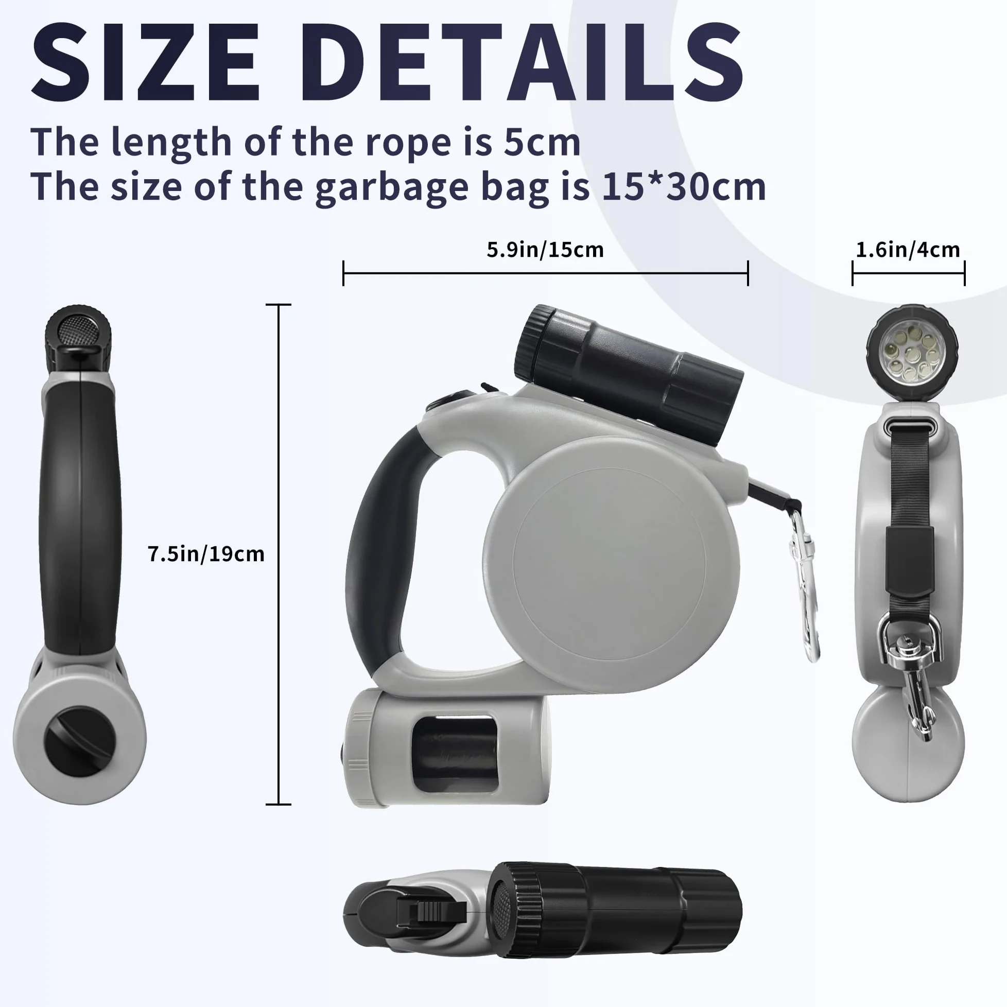 Laisse rétractable pour grand chien avec lampe de poche amovible et distributeur de sacs à déjections canines