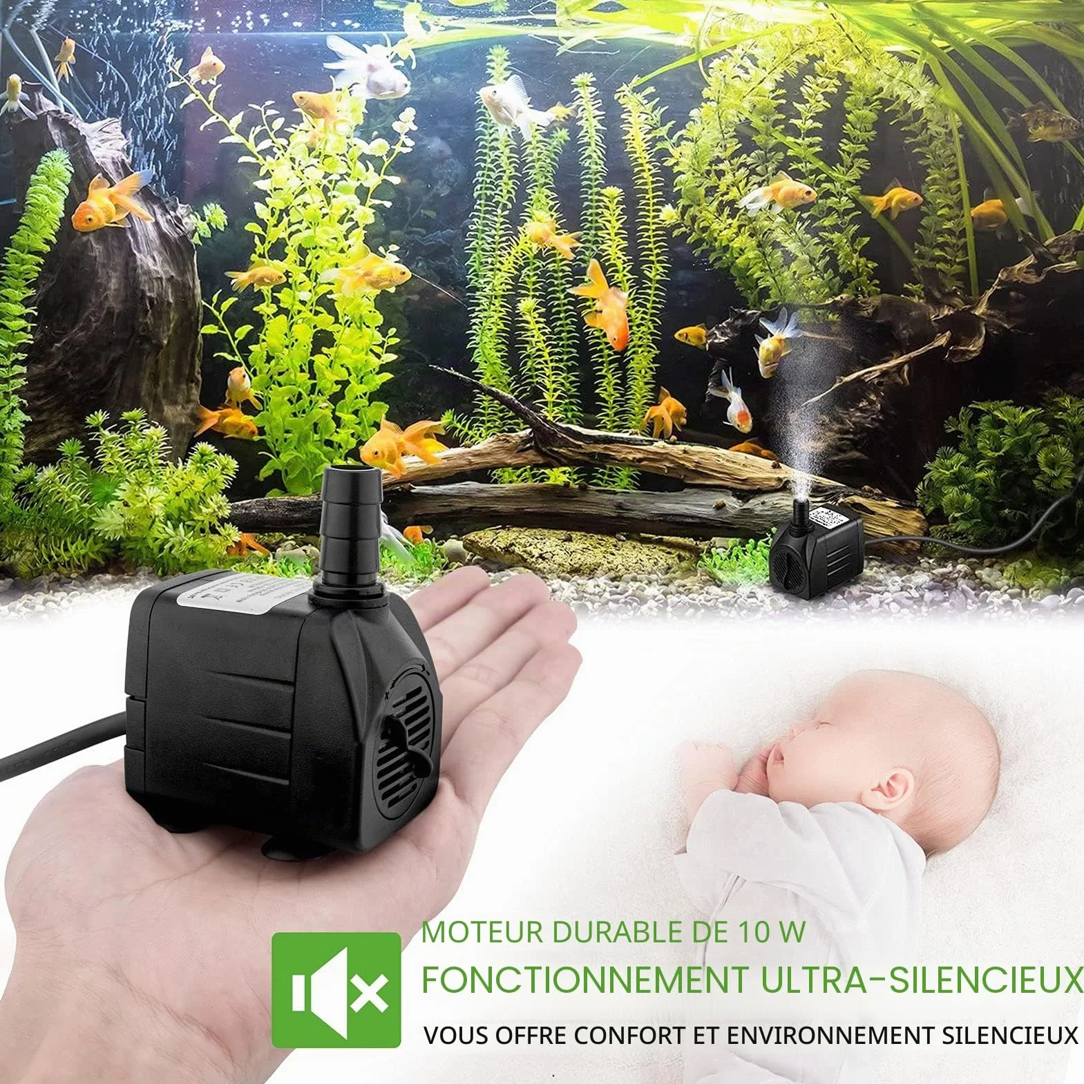 Pompe à eau d'aquarium silencieuse 600 L/H 10 W avec câble 1,5 m 2 buses pour aquarium bassin fontaine
