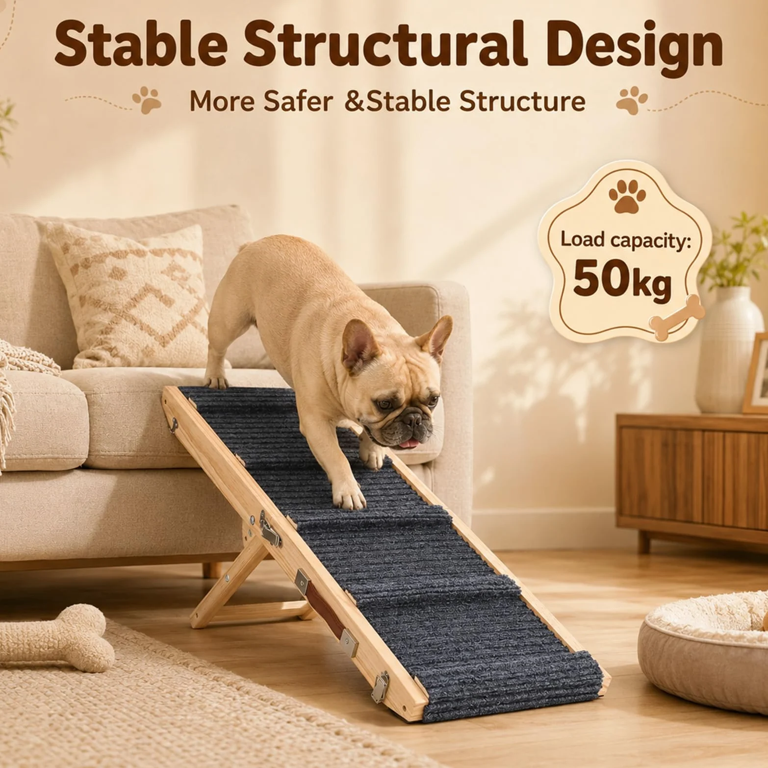 Rampe Chien en Bois, 84cm Rampe Pliable pour Chien avec 4 Hauteurs Réglable | Escalier portable lits avec revêtement antidérapant Rampe animaux pour chiens petite à moyenne taille jusqu'à 50kg