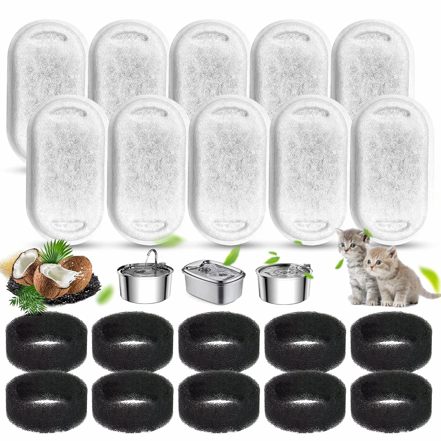 Filtre Fontaine Chat, Filtre à Charbon 10 Pièces et Éponge en Mousse 10 Pièces, Filtre de Remplacement pour Fontaine à Eau