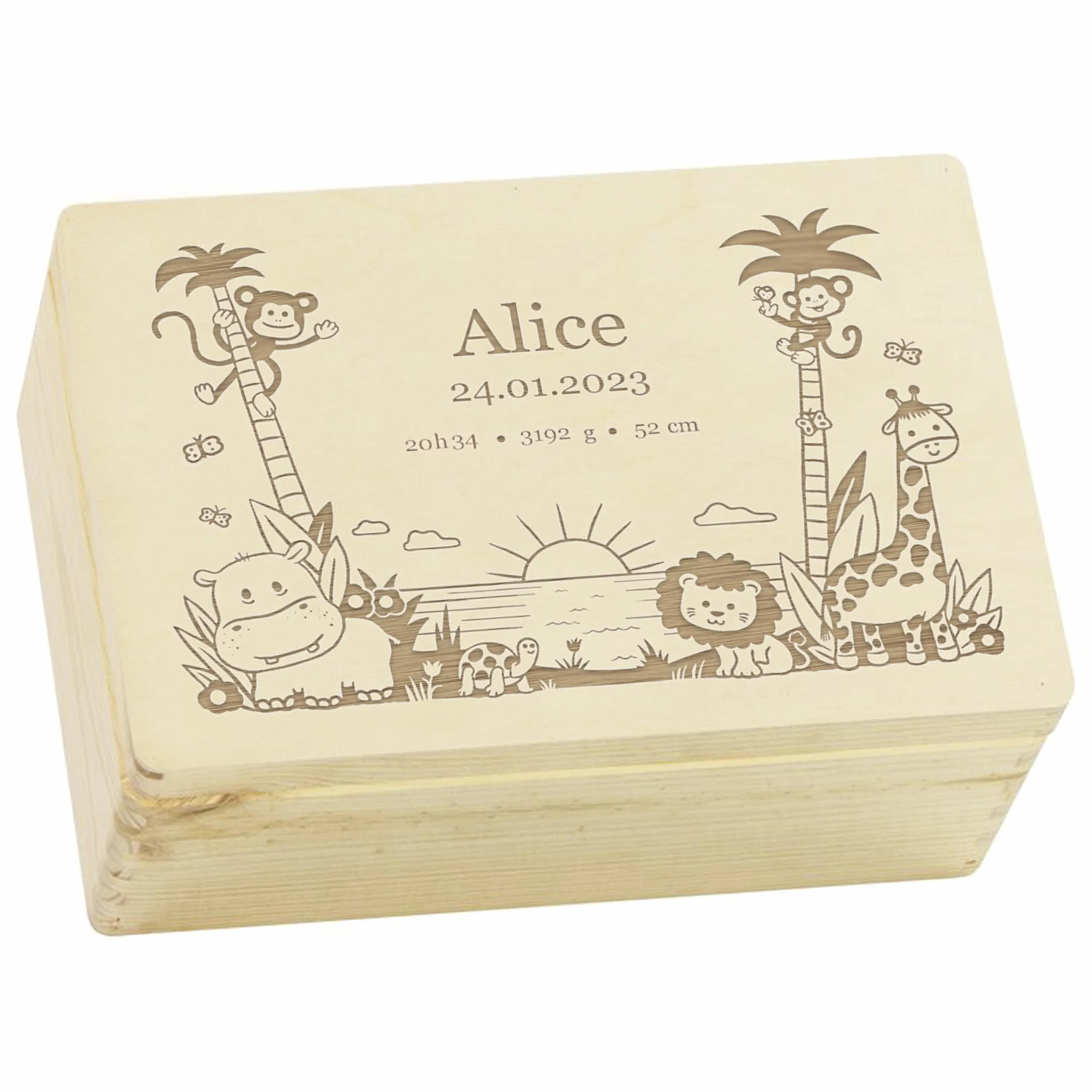 LAUBLUST Boîte à souvenirs bébé personnalisée - Cadeau de naissance avec prénom Jungle, tailles S M L XL - Boîte en bois naturel ou blanc FSC