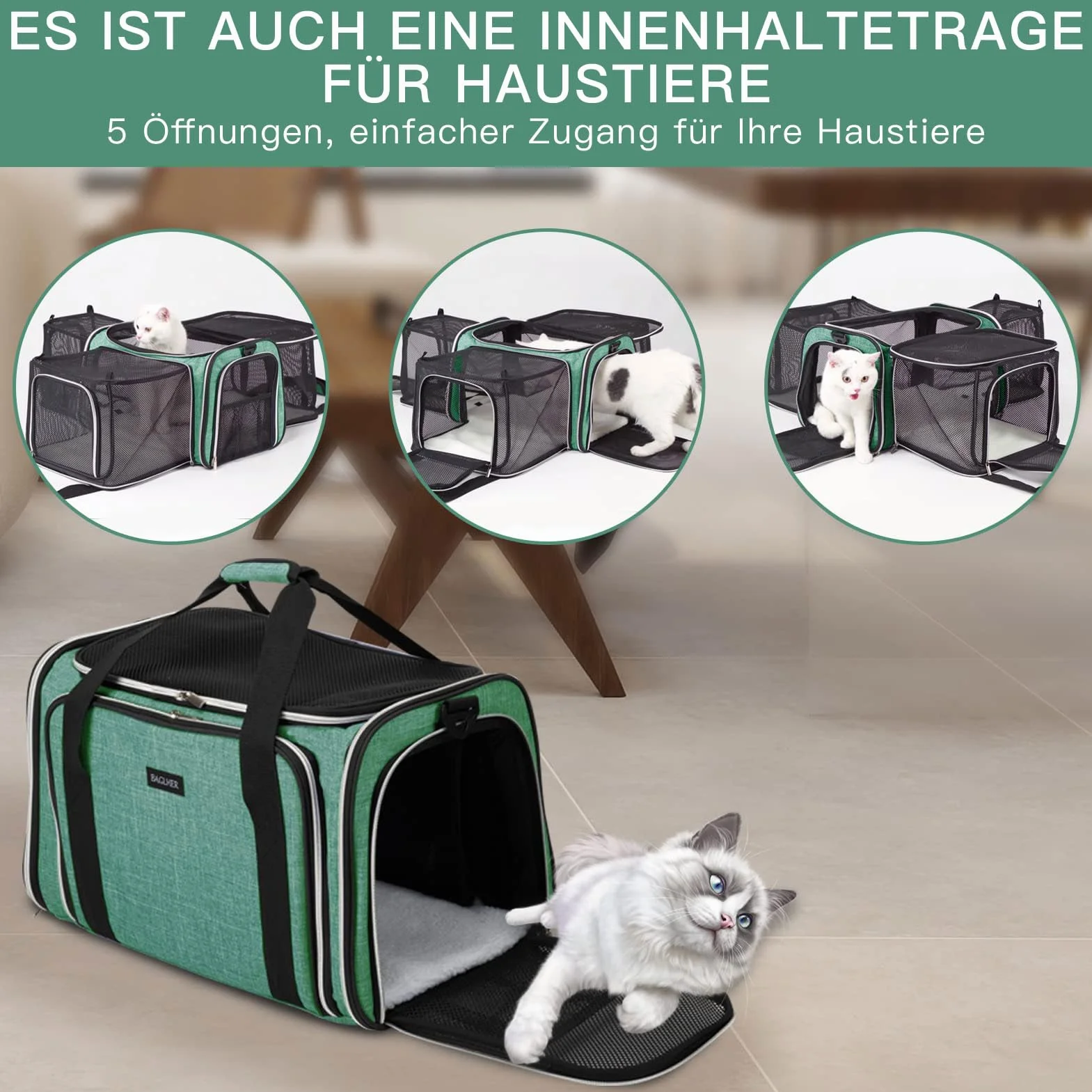 BAGLHER Sac de transport extensible pour chat étanche pliable 5 côtés portes ouvertes vert