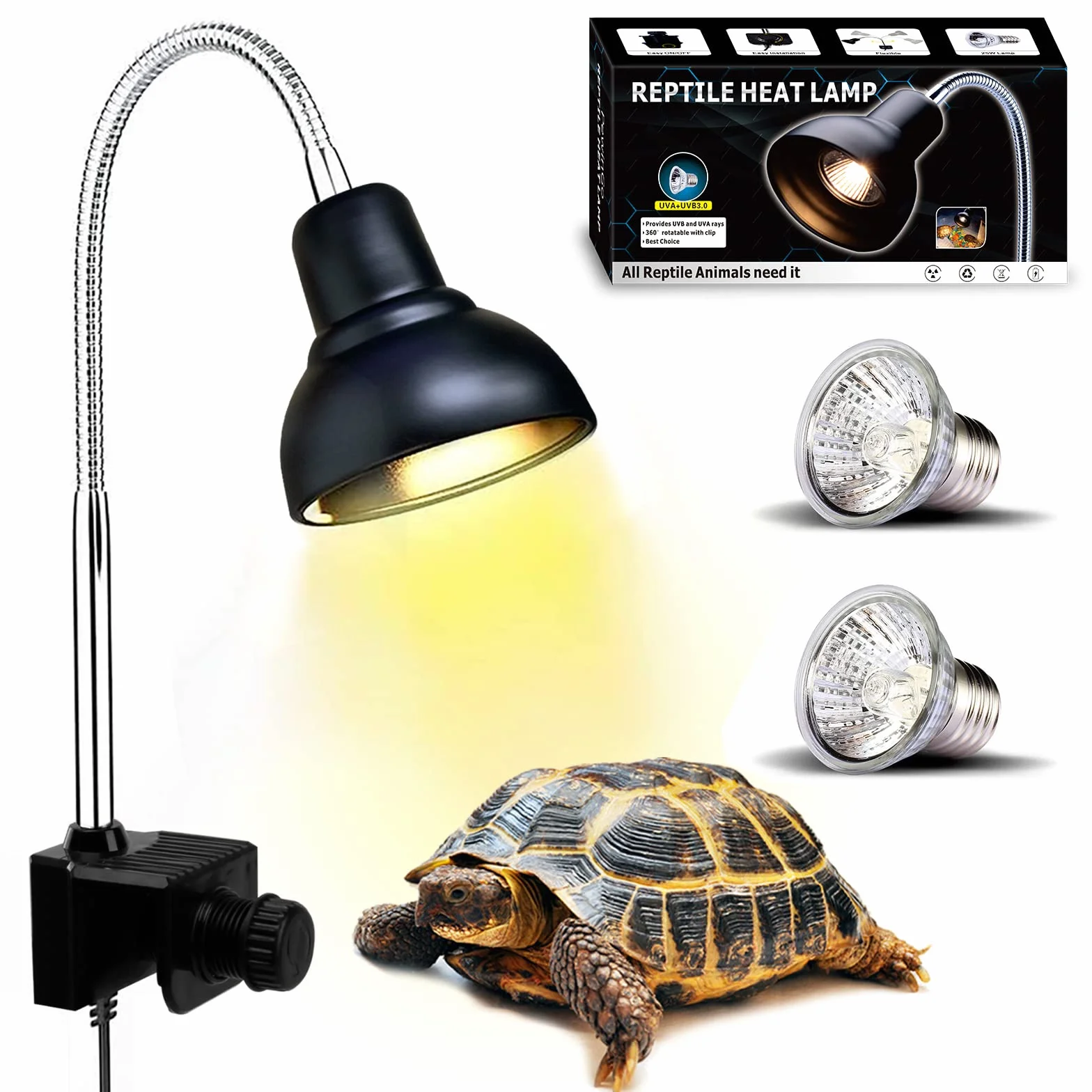 Lampe Chauffante Tortue Reptiles et Amphibiens avec 2 Ampoules Basking Spot UVA UVB et Pince Pivotante 360°