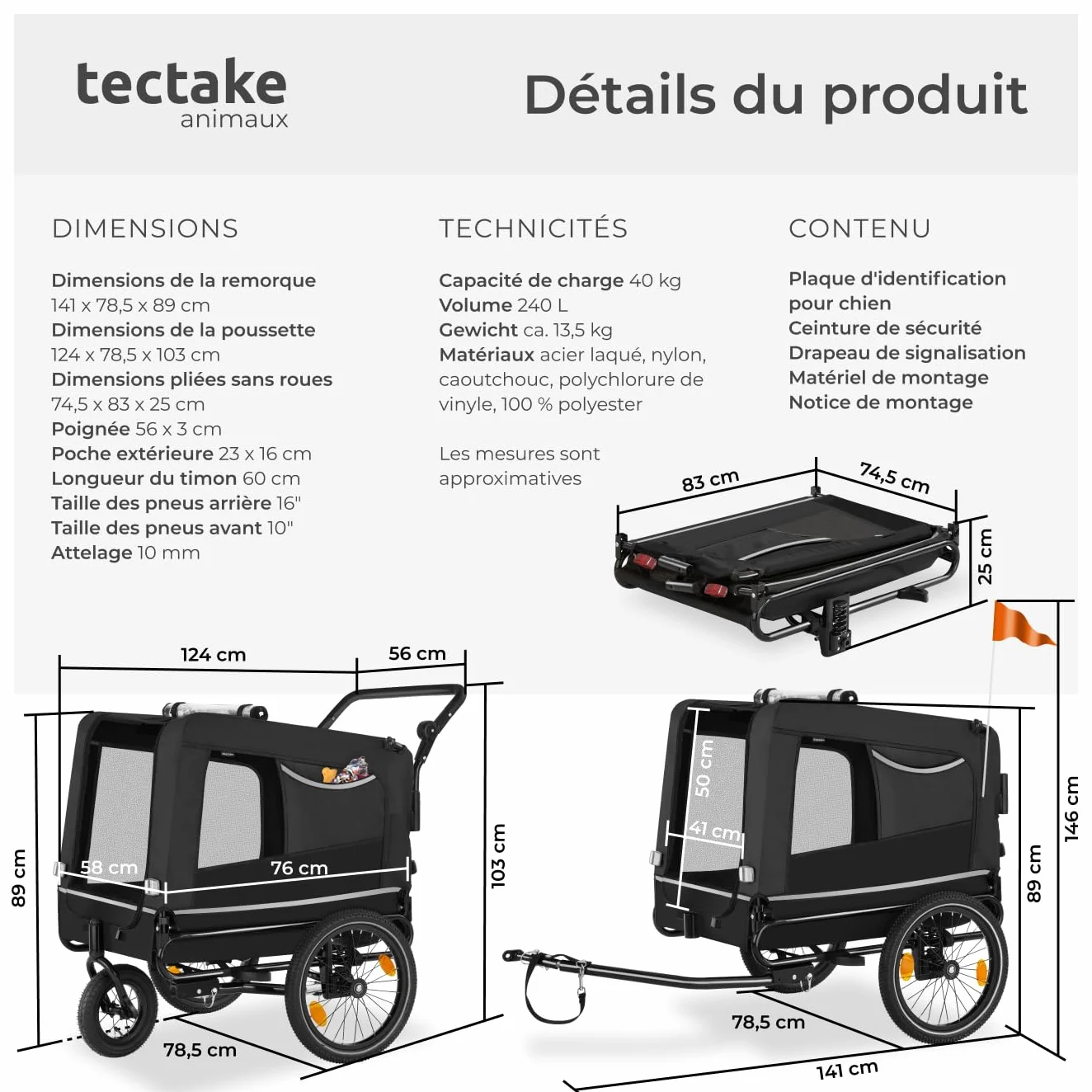 tectake Remorque Velo Chien 3 en 1 Pliable avec Reflecteurs, Drapeau, Charge Maximale 40 kg