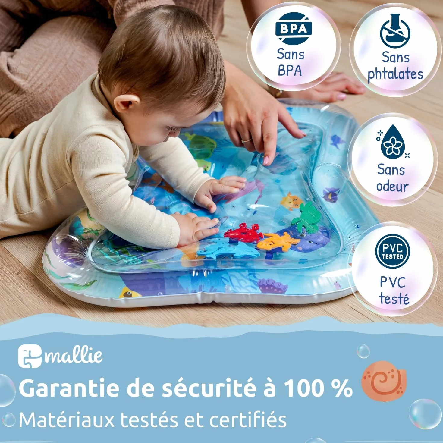 Mallie Tapis d'Eau Bébé Éveil, Tapis de Jeu pour Tummy Time 0-6 Mois, Tapis Gonflable Fille Garçon