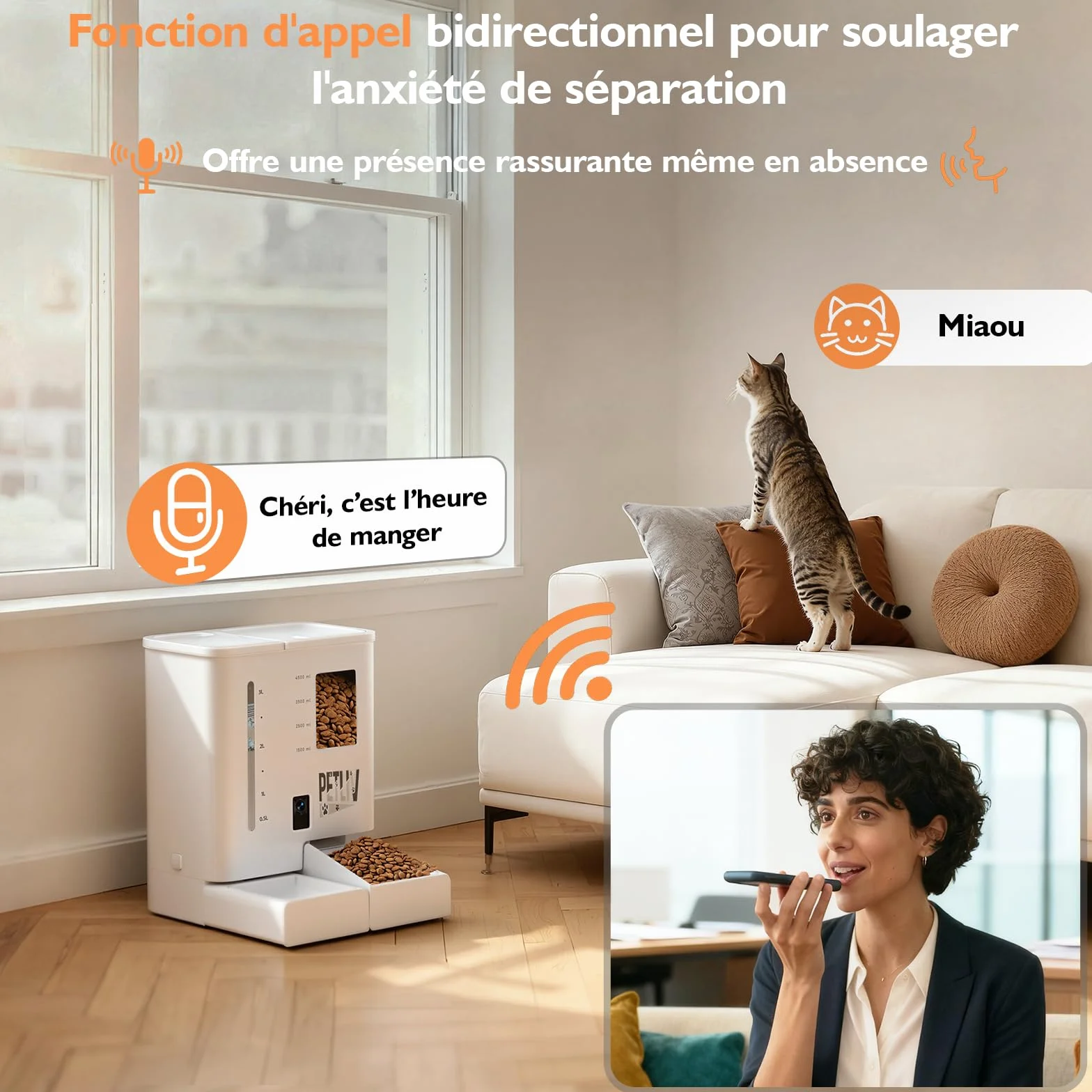 Distributeur Croquettes Chat Automatique avec Caméra 2K HD Vision Nocturne WiFi 2.4G/5G Contrôle App Double Alimentation Réservoir 5L 4L
