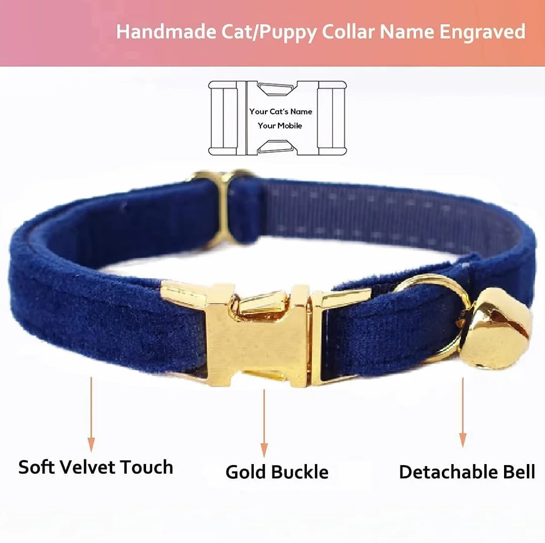 Collier Personnalisé pour Chat avec Gravure Nom Téléphone, Tissu Velours Doux, Boucle Métal Sécurisée, Bleu Marine, L 20-32cm