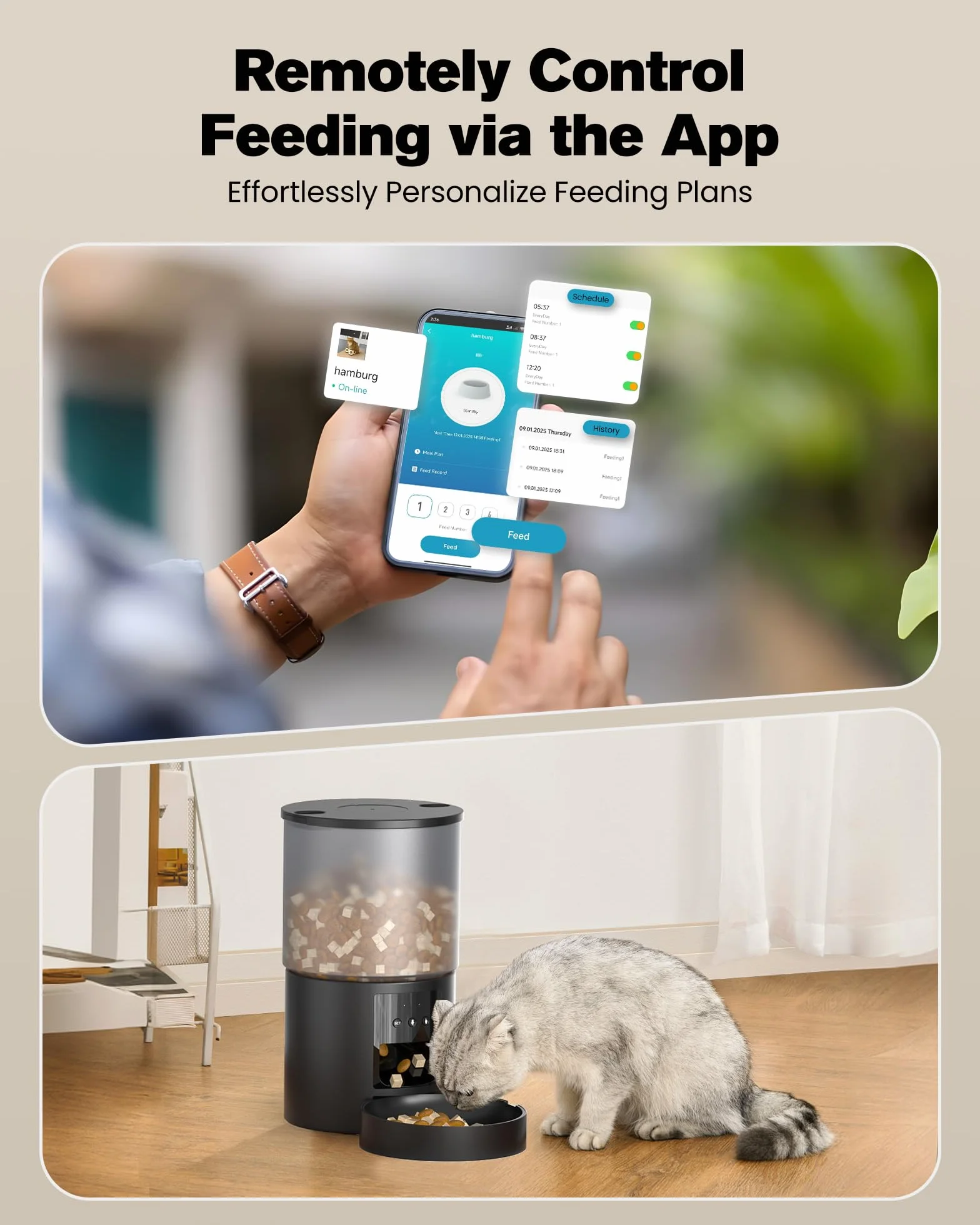 Distributeur Croquettes Chat Automatique WiFi 4L Noir Programmable Enregistrement Vocal 10S