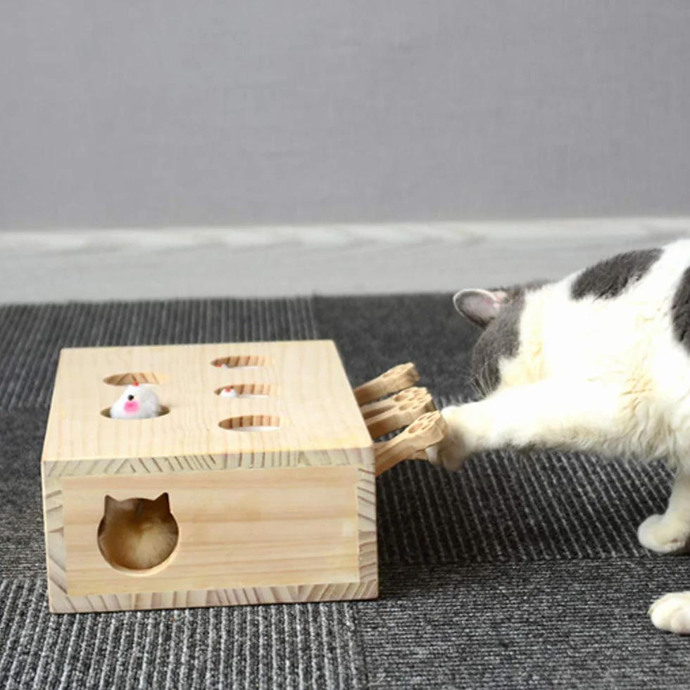 Jouet interactif pour Chat, Bois, Jouet, Taupe Souris, boîte à Puzzle avec Jouets de Dessin animé Mignon pour Chat, Chasse, Jeu, Exercice, gratter - 5 Trous,A