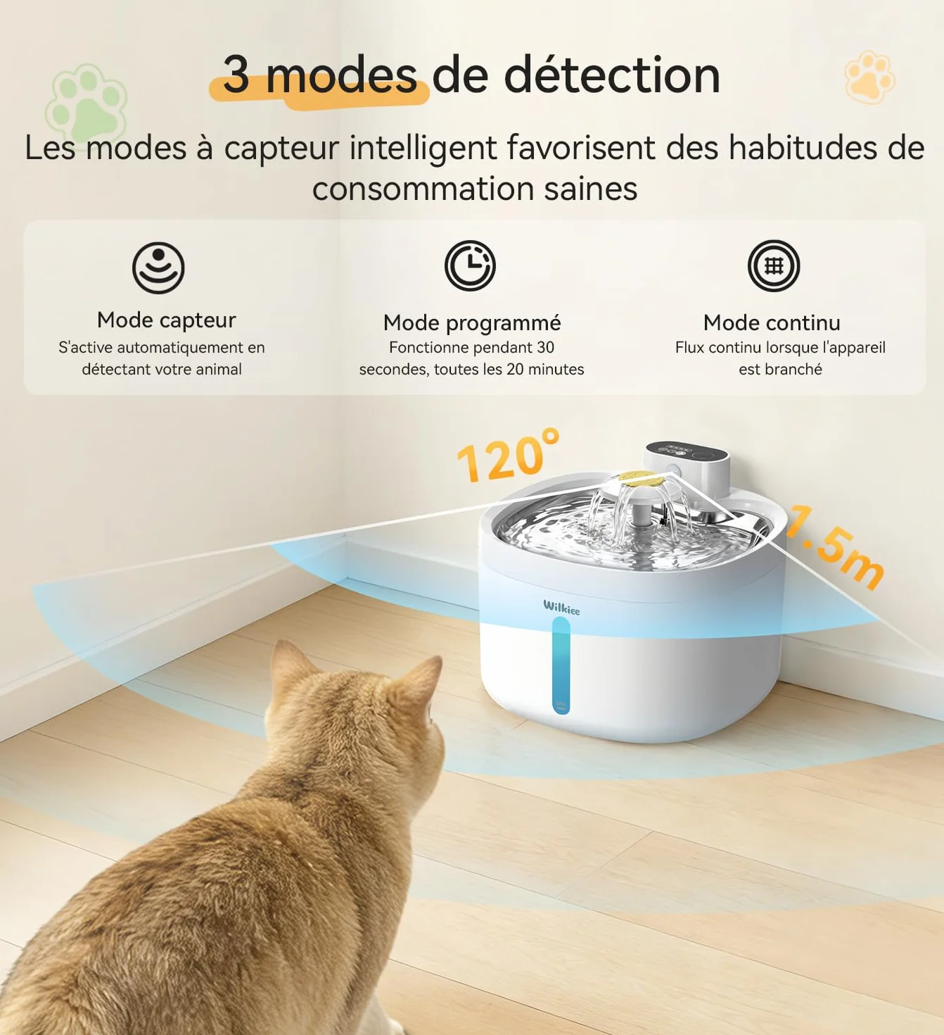 Fontaine à Eau pour Chat sans Fil 2,8L INOX Ultra-Silencieuse <20dB Batterie 4000mAh avec Capteur et Minuteur 3 Filtres