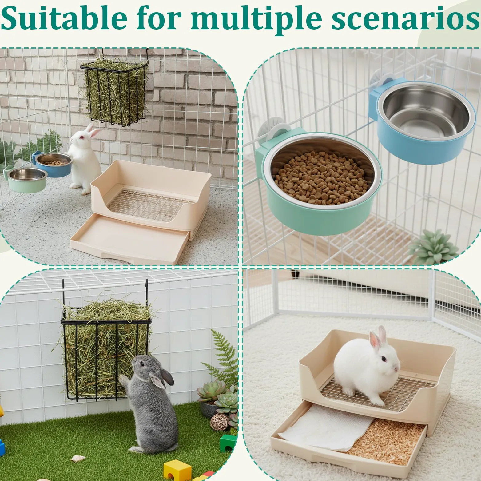 Leinuosen Lot de 4 mangeoires à foin 3 en 1 pour lapin avec bac à litière, 2 bols, bac à litière pour lapin, cochon d'Inde, chinchilla, autres petits animaux