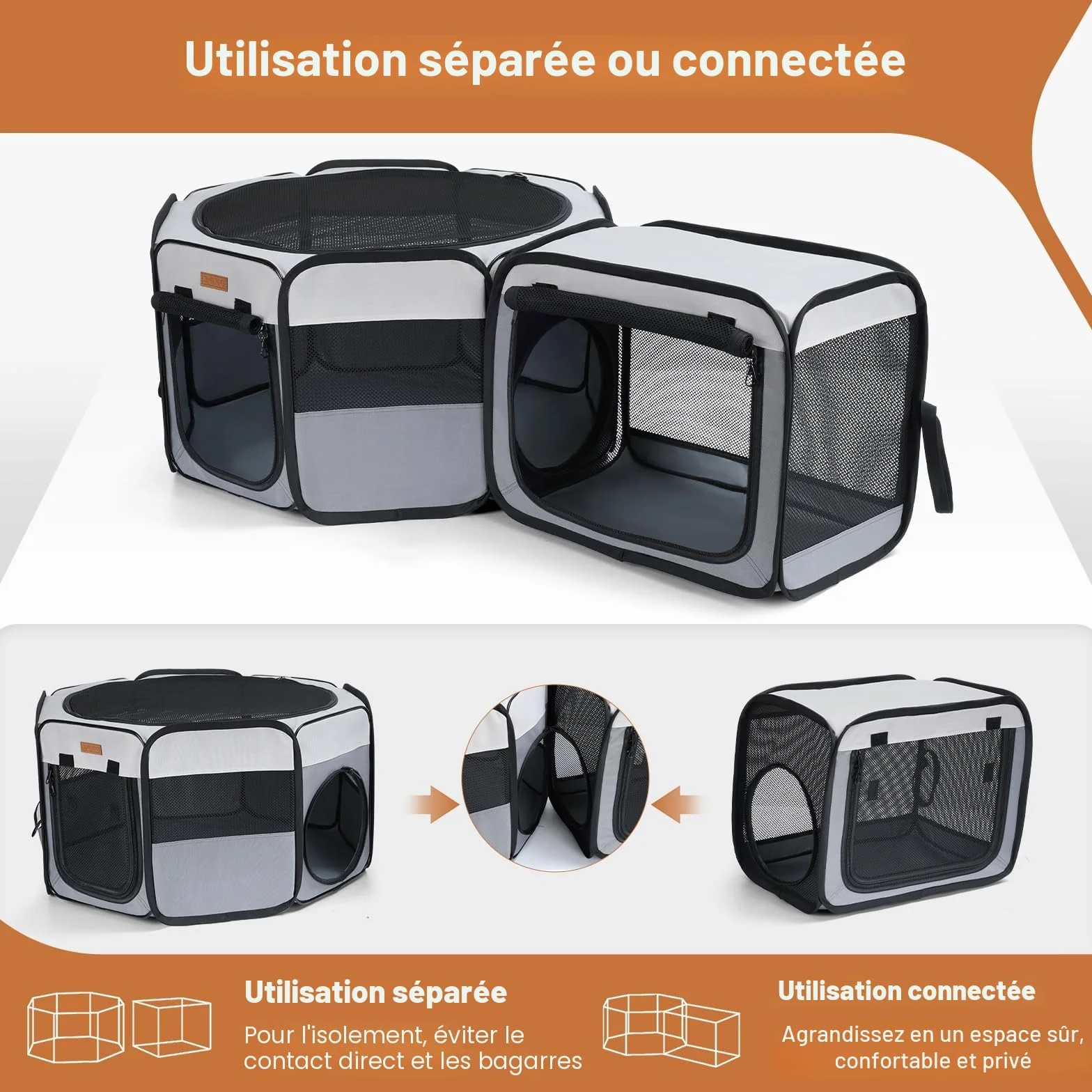 Enclos pour Chats 2-en-1 Parc pour Chiens et Petits Animaux Intérieur/Extérieur 120×40 cm Tente Portable Pliable Gris