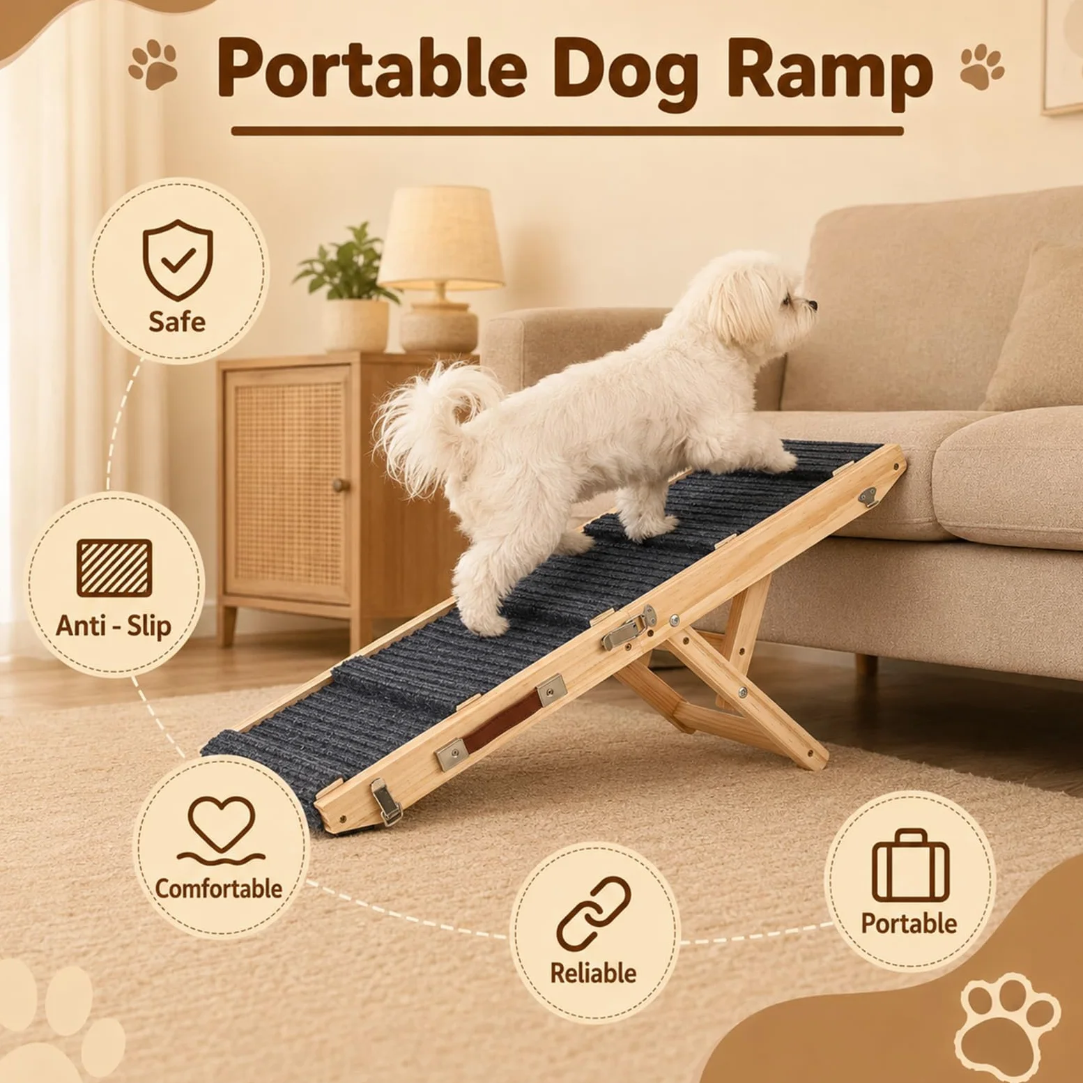 Rampe Chien en Bois, 84cm Rampe Pliable pour Chien avec 4 Hauteurs Réglable | Escalier portable lits avec revêtement antidérapant Rampe animaux pour chiens petite à moyenne taille jusqu'à 50kg