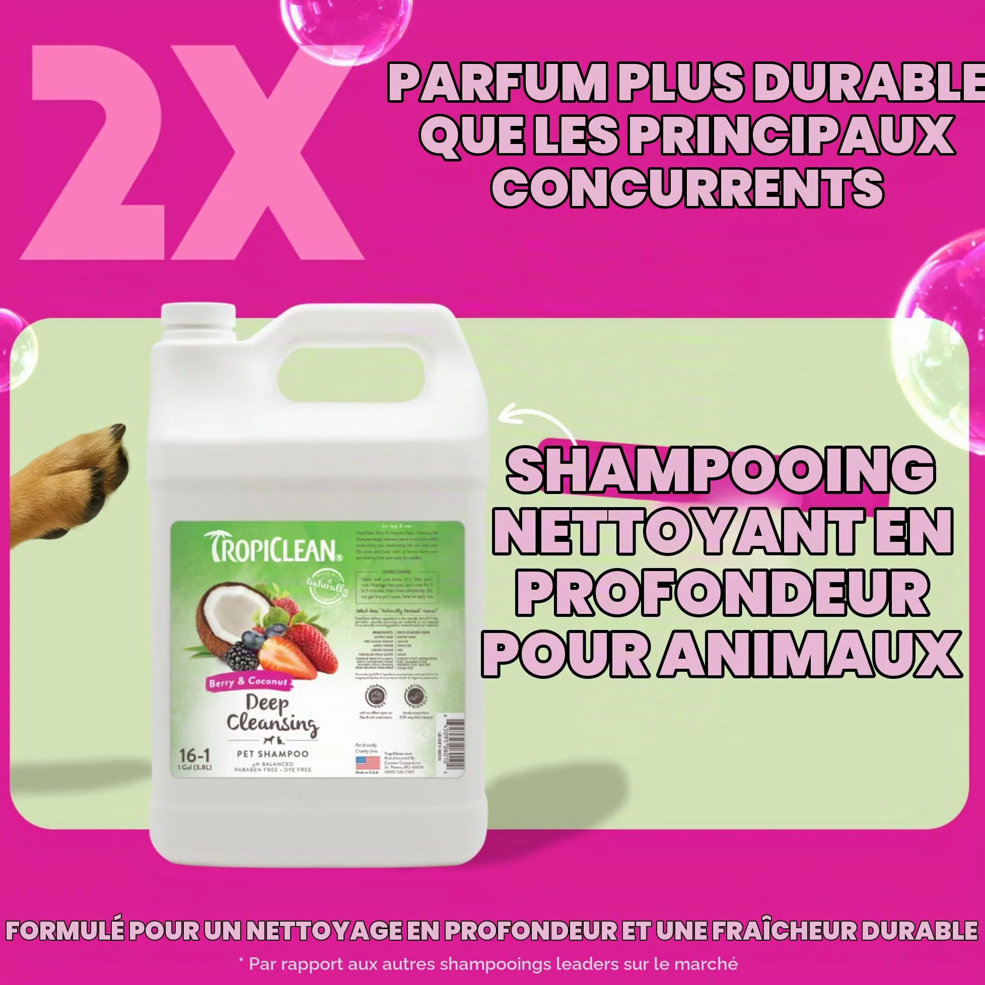 TropiClean Shampooing pour chiens et chats, nettoie et hydrate en profondeur, à base d’ingrédients naturels - Baies et noix de coco, 3,8 L