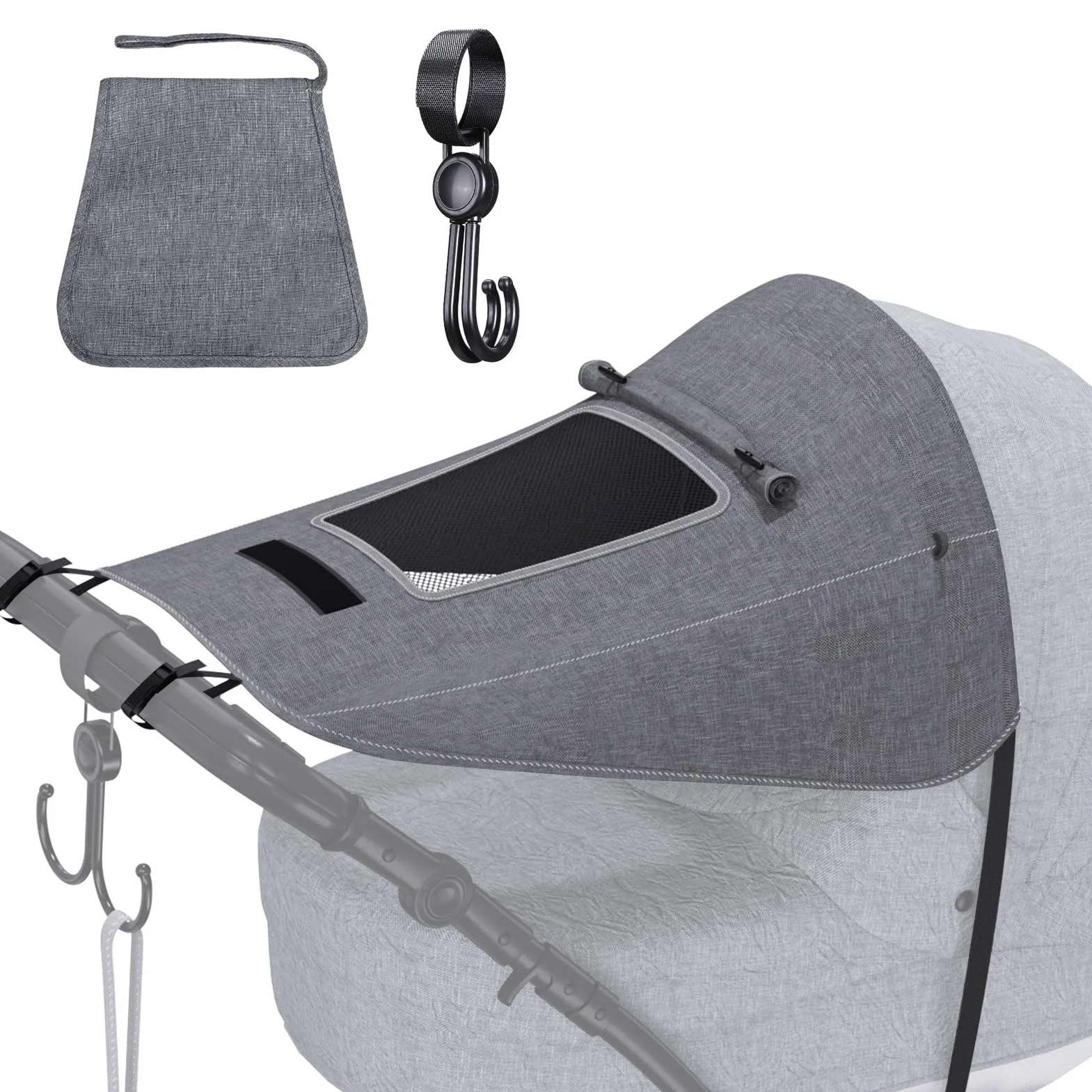 Pare Soleil Poussette Universelle Anti-UV avec Toit Ouvrant Ventilé, Sac de Rangement, Crochets