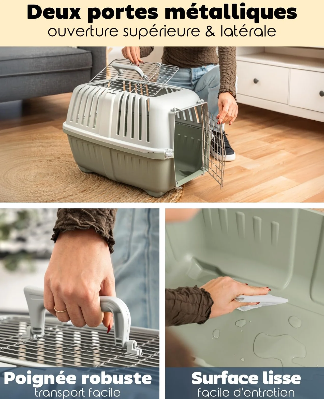 Caisse Transport Chien Plastique 58,5x35,5x40 cm Grille Métal poignée Fermeture Jusqu'à 15 kg Vert