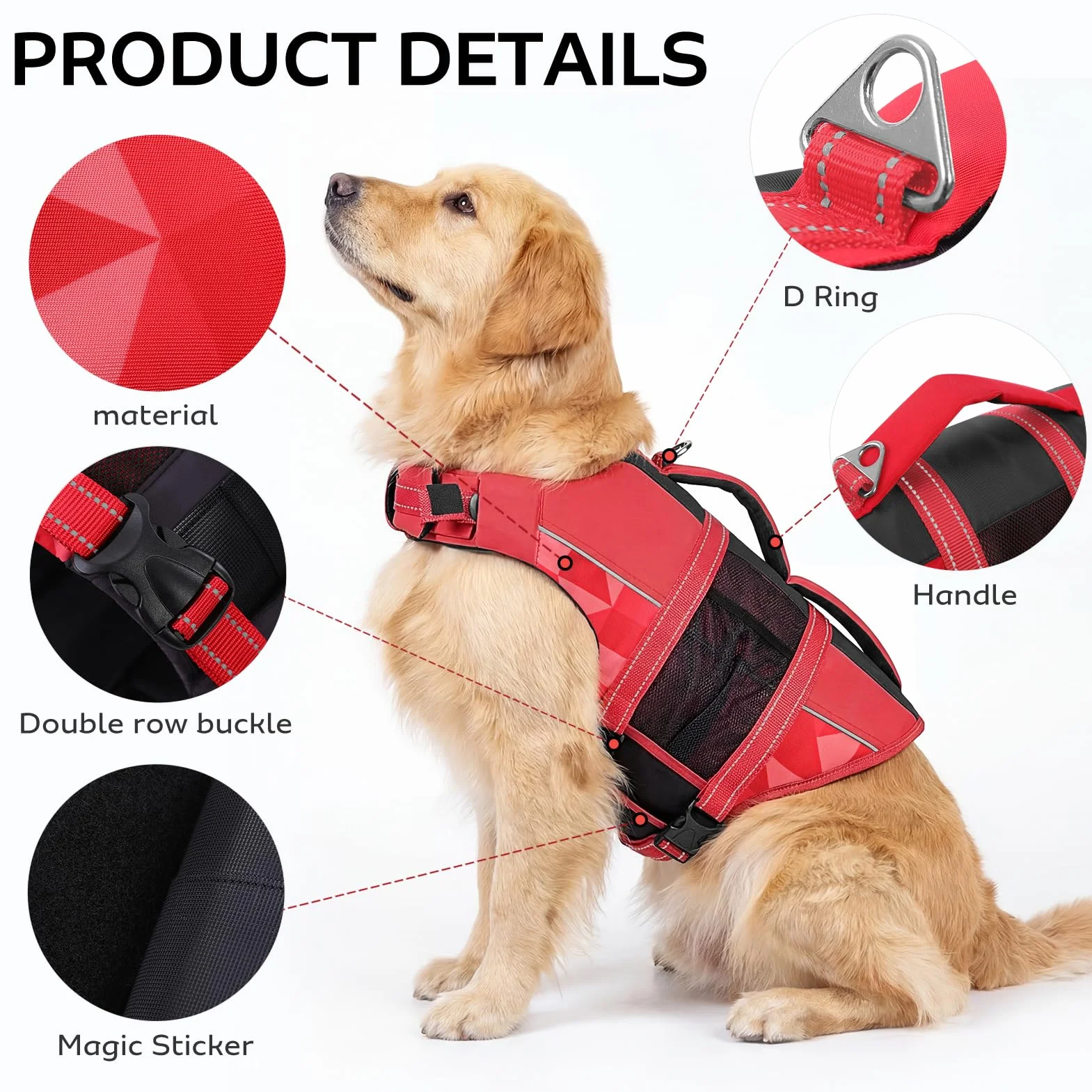 CITÉTOILE Gilet de Sauvetage pour Chien, Bouée Réglable avec Poignée, Maillot de Sécurité Aquatique, Rouge M