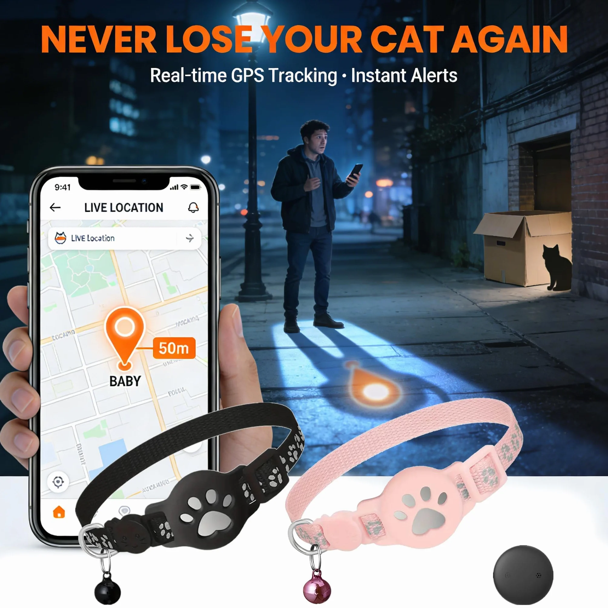Collier GPS Chat Traceur sans Abonnement Mensuel Localisation Temps Réel Imperméable Anti-Perte pour Chats Extérieur Noir
