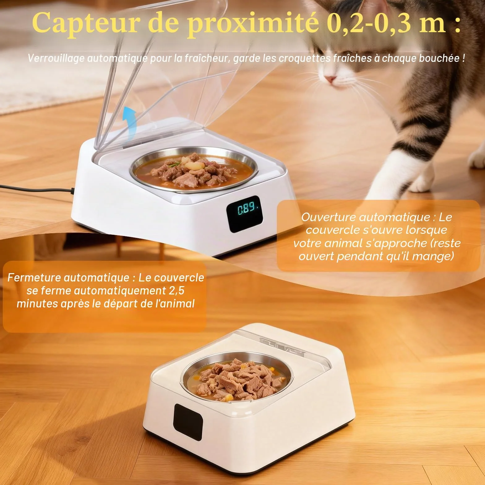 Distributeur Nourriture Humide Chat Ouverture Intelligente à Induction Automatique Croquettes Bassin Alimentaire Amovible