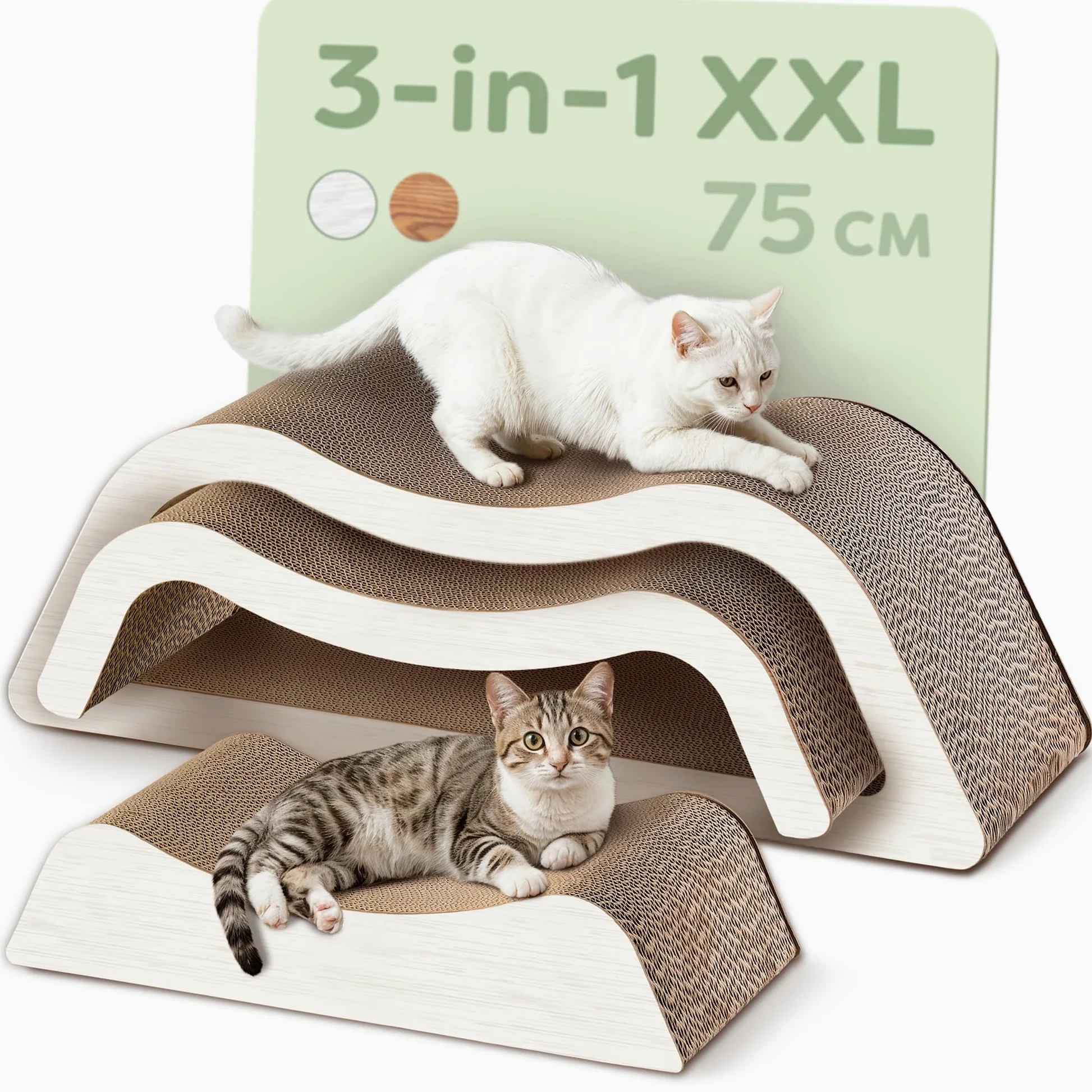 Knupis Griffoir Chat XXL 78 cm Blanc – 3 Pièces – Grattoir Chat en Carton | Tient jusqu'à 2 ans, matière très résistante, peu encombrant, protège canapé et meubles, motif nuage sobre